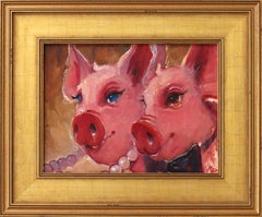 Tell Me More - Pintura al Óleo Figurativa Abstracta Retrato de Cerdo en Marco Dorado