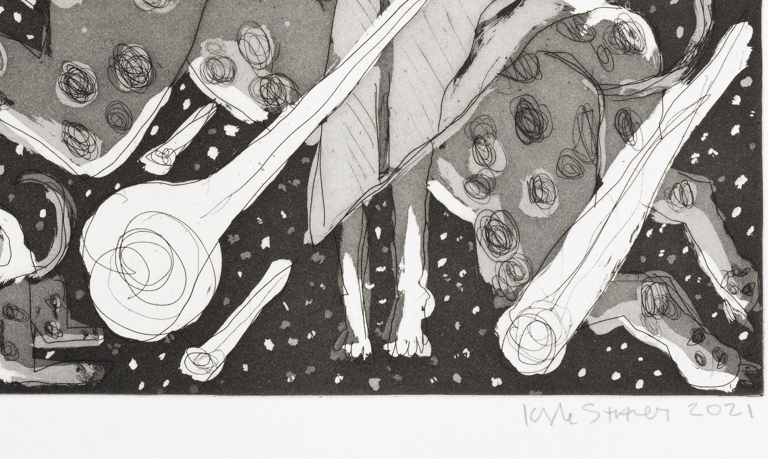 Kyle Staver est une peintre qui explore souvent des thèmes mythologiques dans son travail - dans cette estampe, elle utilise la gravure et l'aquatinte avec intention  pour révéler la lumière qui imprègne sa composition.  
