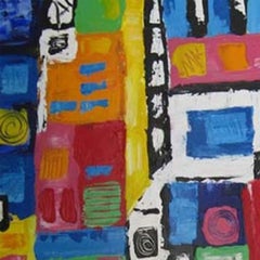 "Taos Pueblo (Blue Window), " Abstract Acrylic on Board signed by Kyle Zubatsky