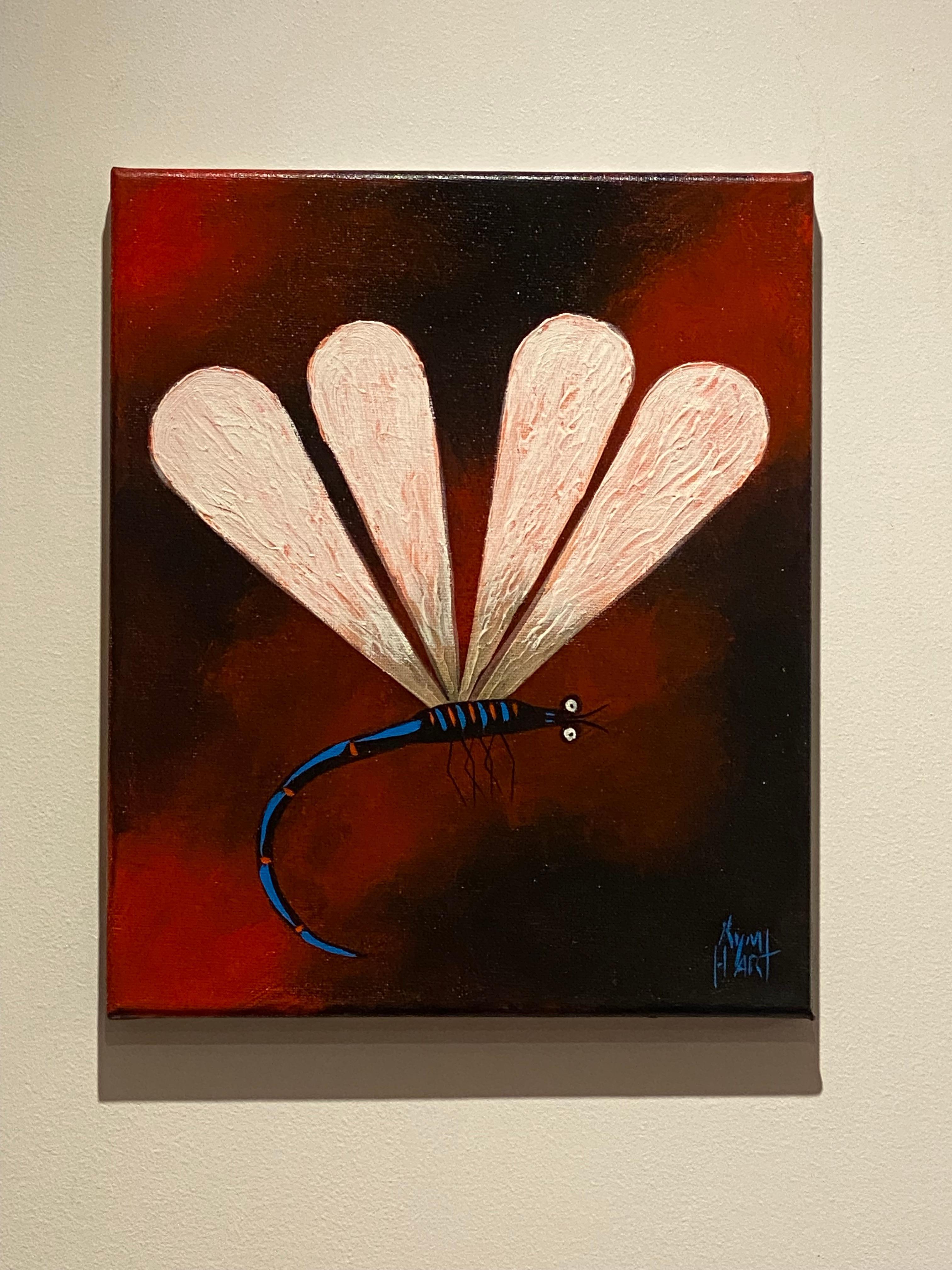 Kym Hart (1963 - ) Dragonfly (Red, Blue, Pink) Oil on Canvas Painting 25 x 20cm. In Excellent Condition For Sale In MELBOURNE, AU