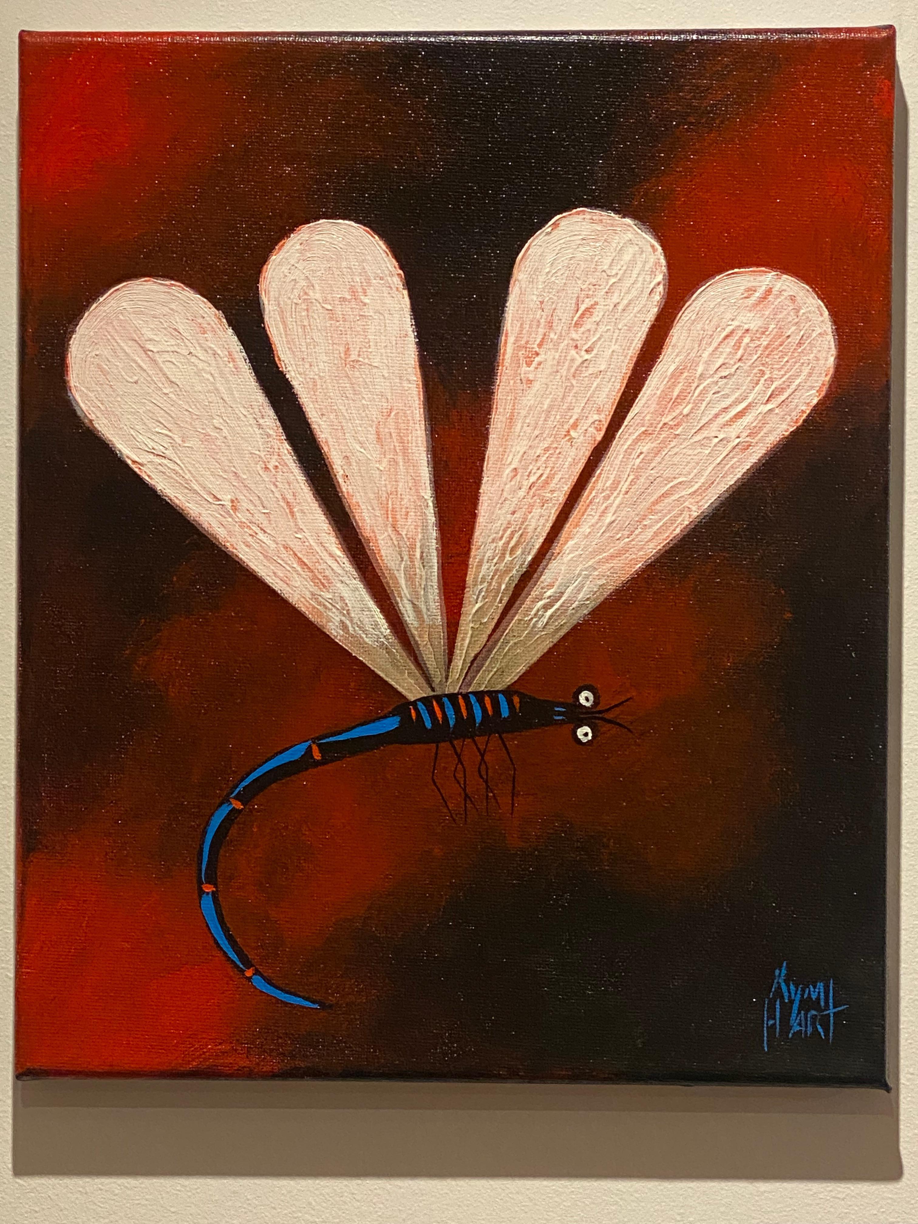 Kym Hart (1963 - ) Dragonfly (Red, Blue, Pink) Oil on Canvas Painting 25 x 20cm. For Sale 1