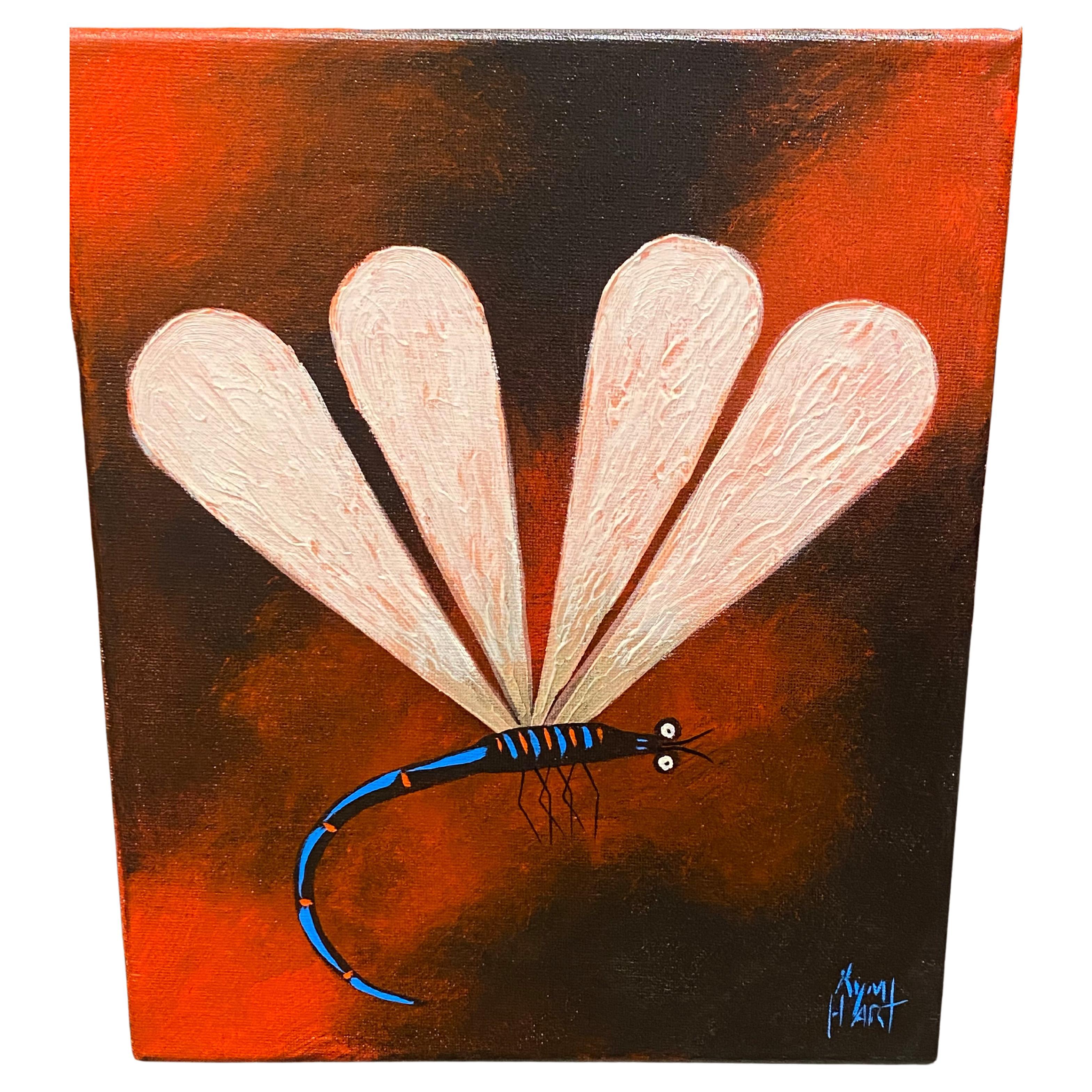 Kym Hart (1963 - ) Dragonfly (Red, Blue, Pink) Oil on Canvas Painting 25 x 20cm. For Sale