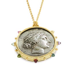 Kyme Antike Silbermünze 18 Karat Citrin Amethyst Topas Cabochon Medaillon