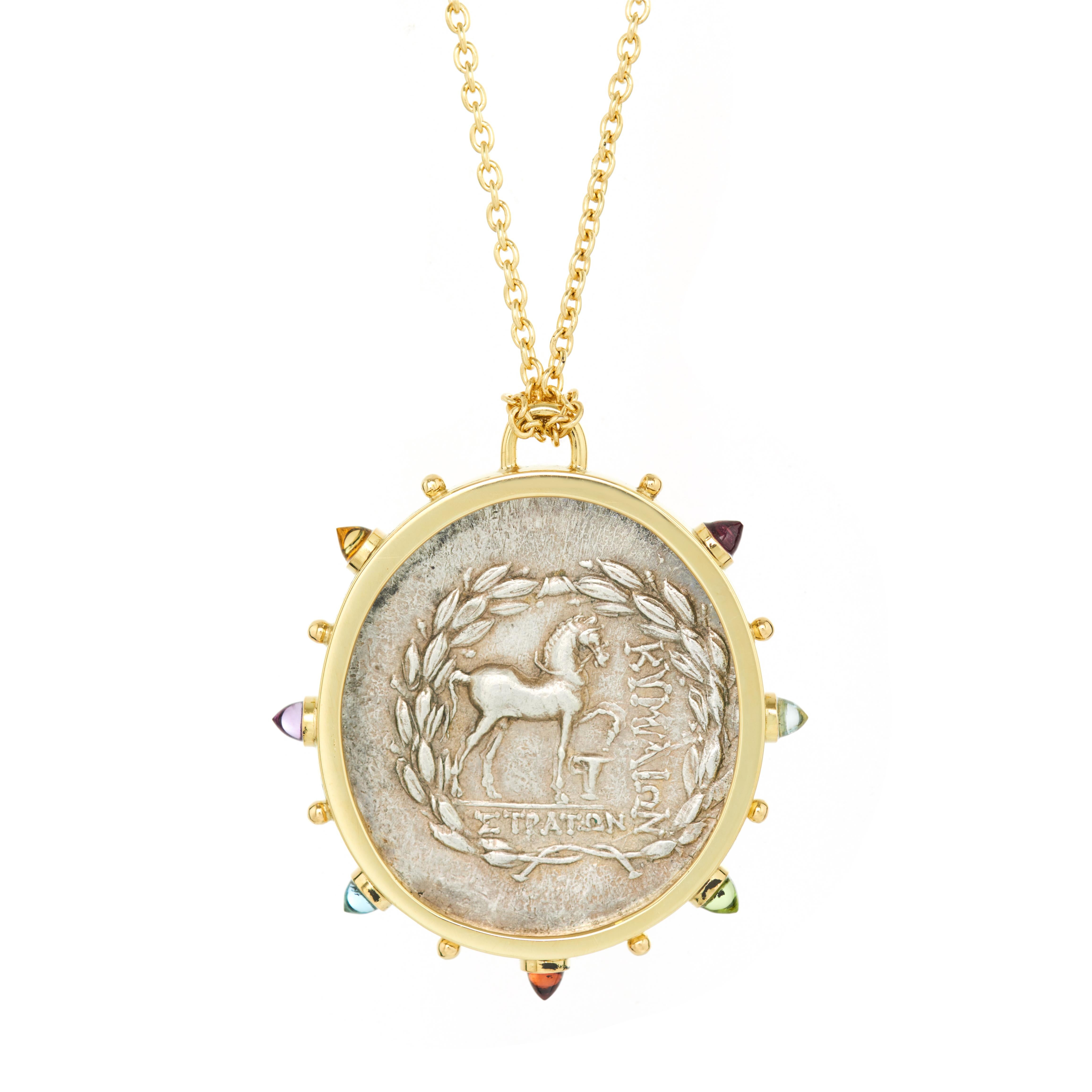 Grec classique Médaillon en argent antique Kyme 18 carats, citrine, améthyste, topaze et cabochon en vente