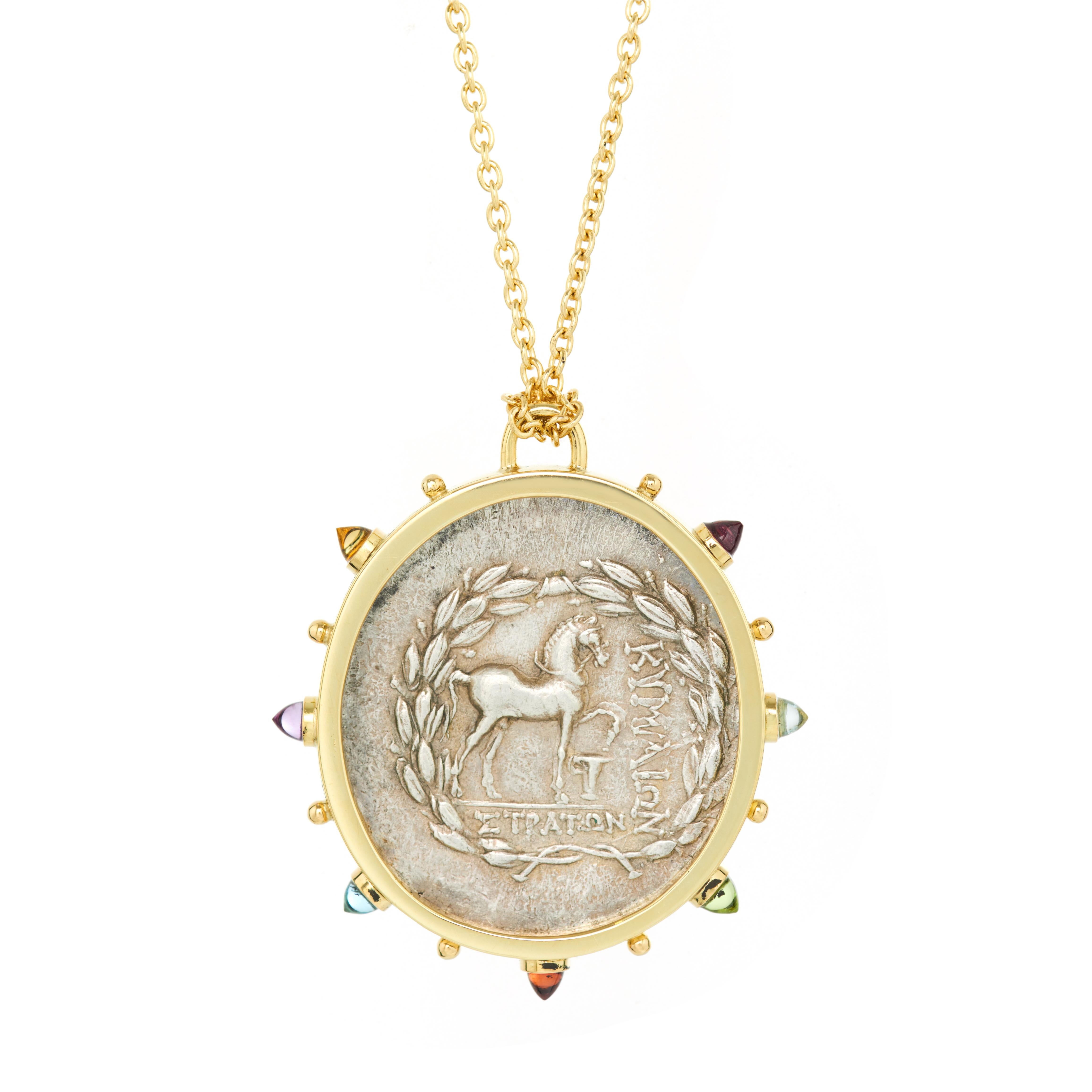 Greco classico Kyme Antica Moneta d'Argento 18 Carati Citrino Ametista Topazio Cabochon Medaglione in vendita