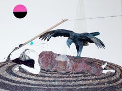 CHRYSALIS -surreal painting with glitter of woman and bird (vulture)