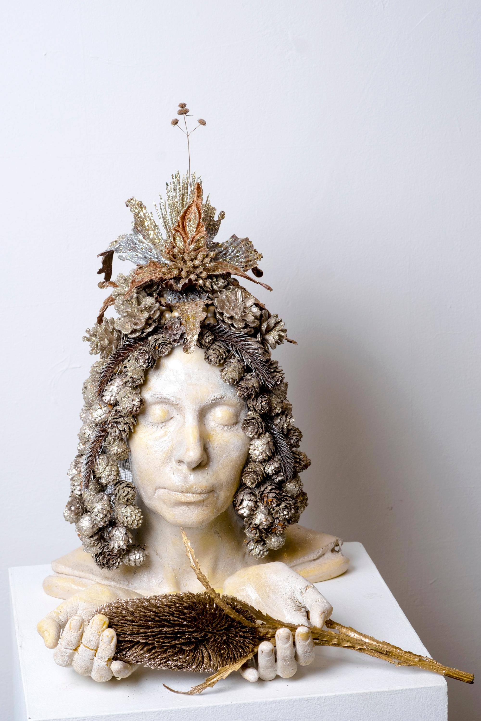 Kymia Nawabi Figurative Sculpture - THIRD EYE- sculpture with pinecones and headdress
