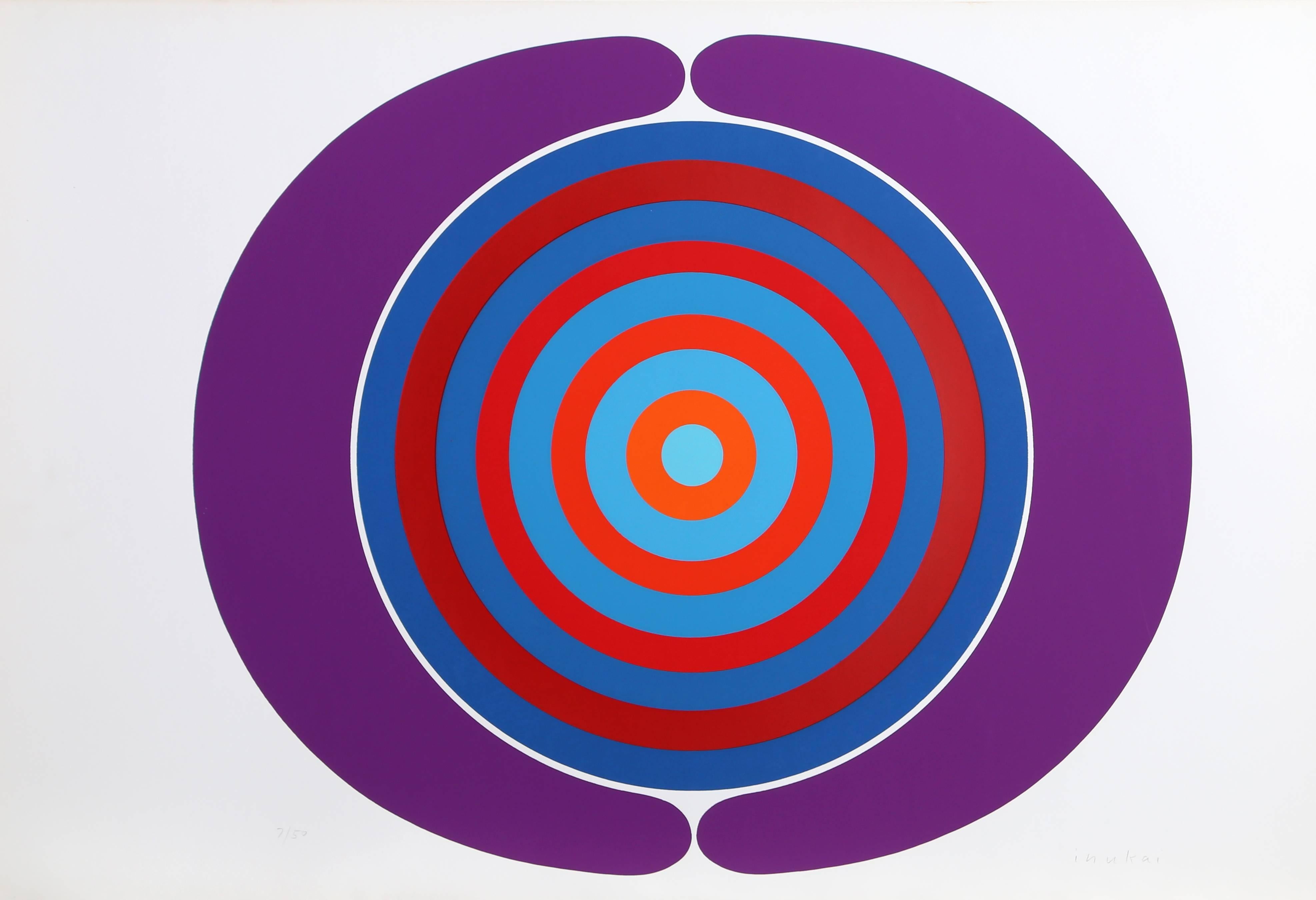 Künstler: Kyohei Inukai, Amerikaner (1913 - 1985)
Titel: Kraftfeld (Lila)
Jahr: ca. 1970
Medium: Siebdruck, signiert und nummeriert mit Bleistift
Auflage: 50
Bildgröße: 21 x 25 Zoll 
Größe: 23 x 35 Zoll (58,42 x 88,9 cm)