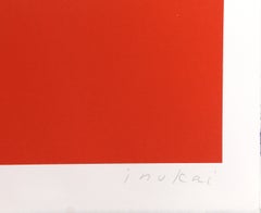 Sieben Einheiten auf Rot, Minimalistischer geometrischer abstrakter Siebdruck von Kyohei Inukai