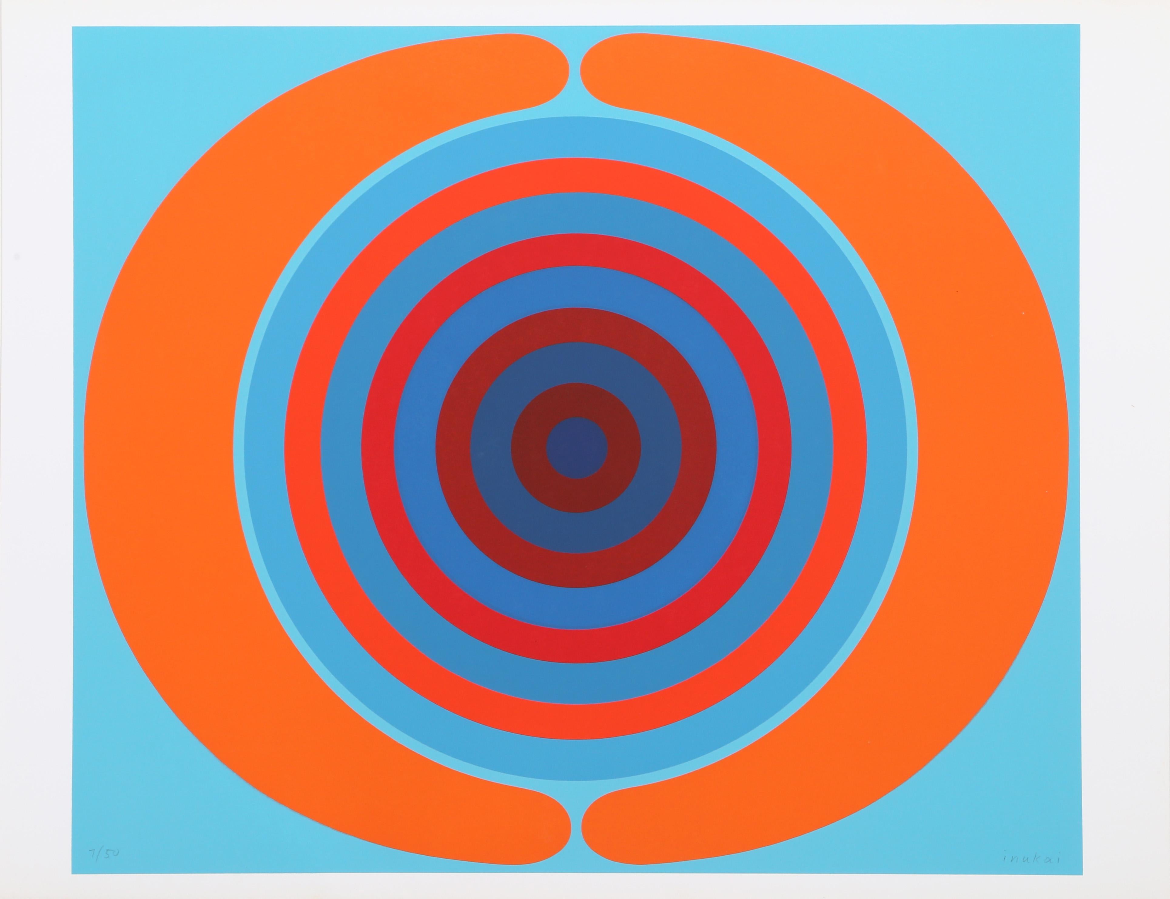 Spiral
Kyohei Inukai (aka Earle Goodenow), American (1913–1985)
Screenprint, signed and numbered in pencil
Edition of 50
Image Size: 21.5 x 25.5 inches
Size: 23 x 29.75 in. (58.42 x 75.57 cm)

A circular Op Art print by Kyohei Inukai. This