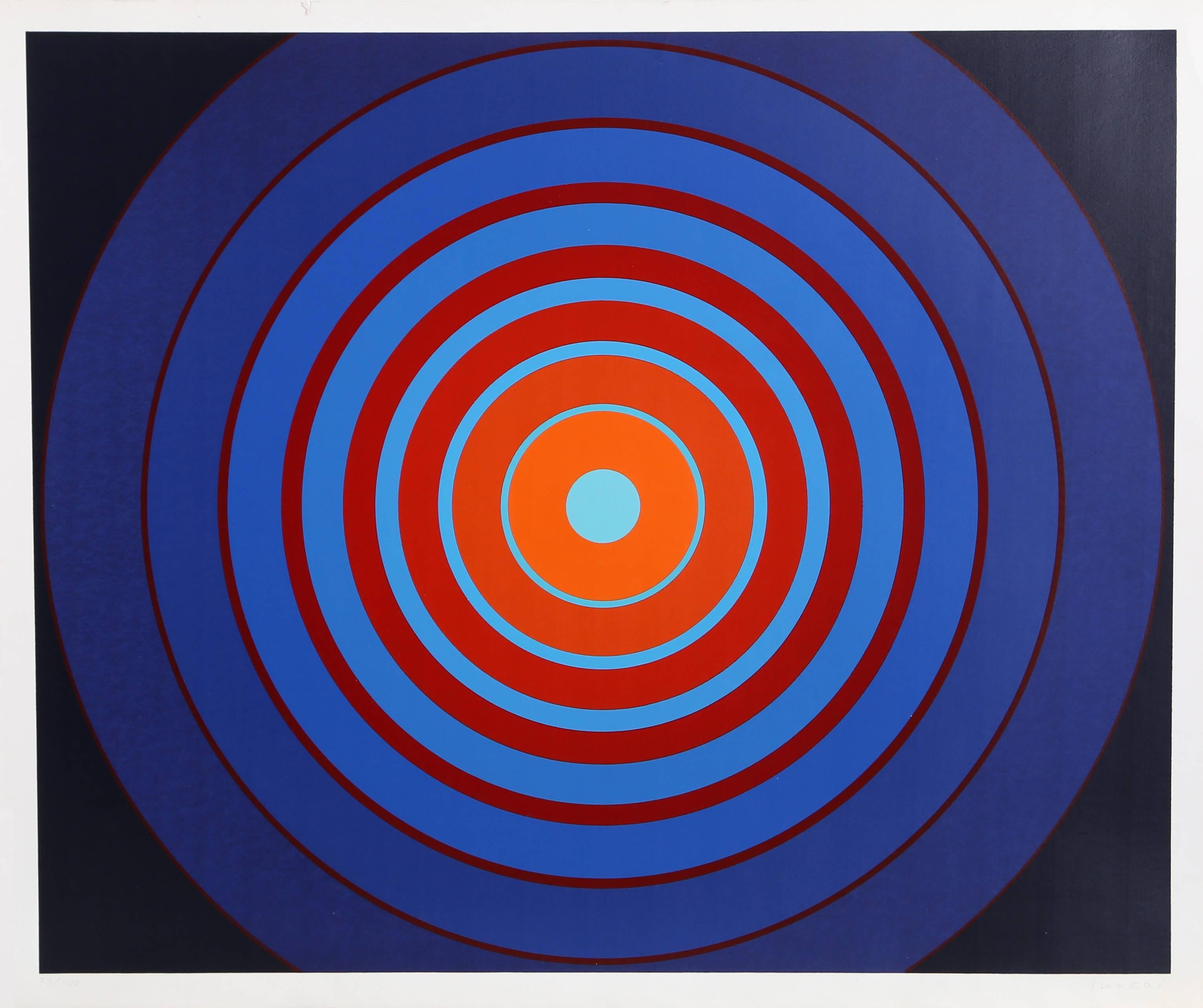 Künstler: Kyohei Inukai, Amerikaner (1913 - 1985)
Titel: Unbetitelt - Ziel I
Jahr: ca. 1970
Medium: Siebdruck, signiert und nummeriert mit Bleistift
Auflage: 100
Bildgröße: 21,5 x 26 Zoll
Größe: 23 x 27,75 Zoll (58,42 x 70,49 cm)
