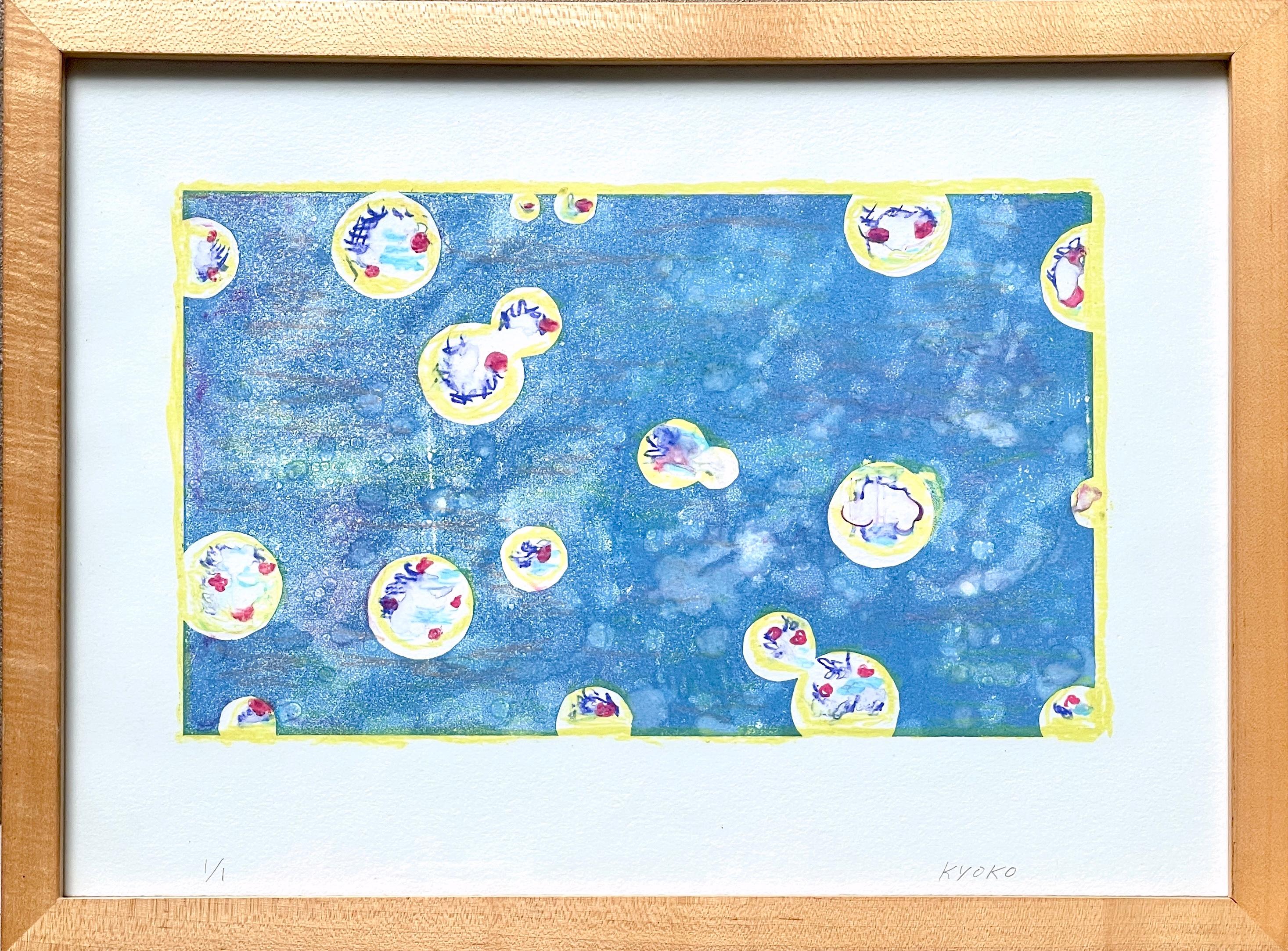 Japanese woman artist, one-of-a-kind framed original abstract monoprint in blue - Print by Kyoko Takagaki