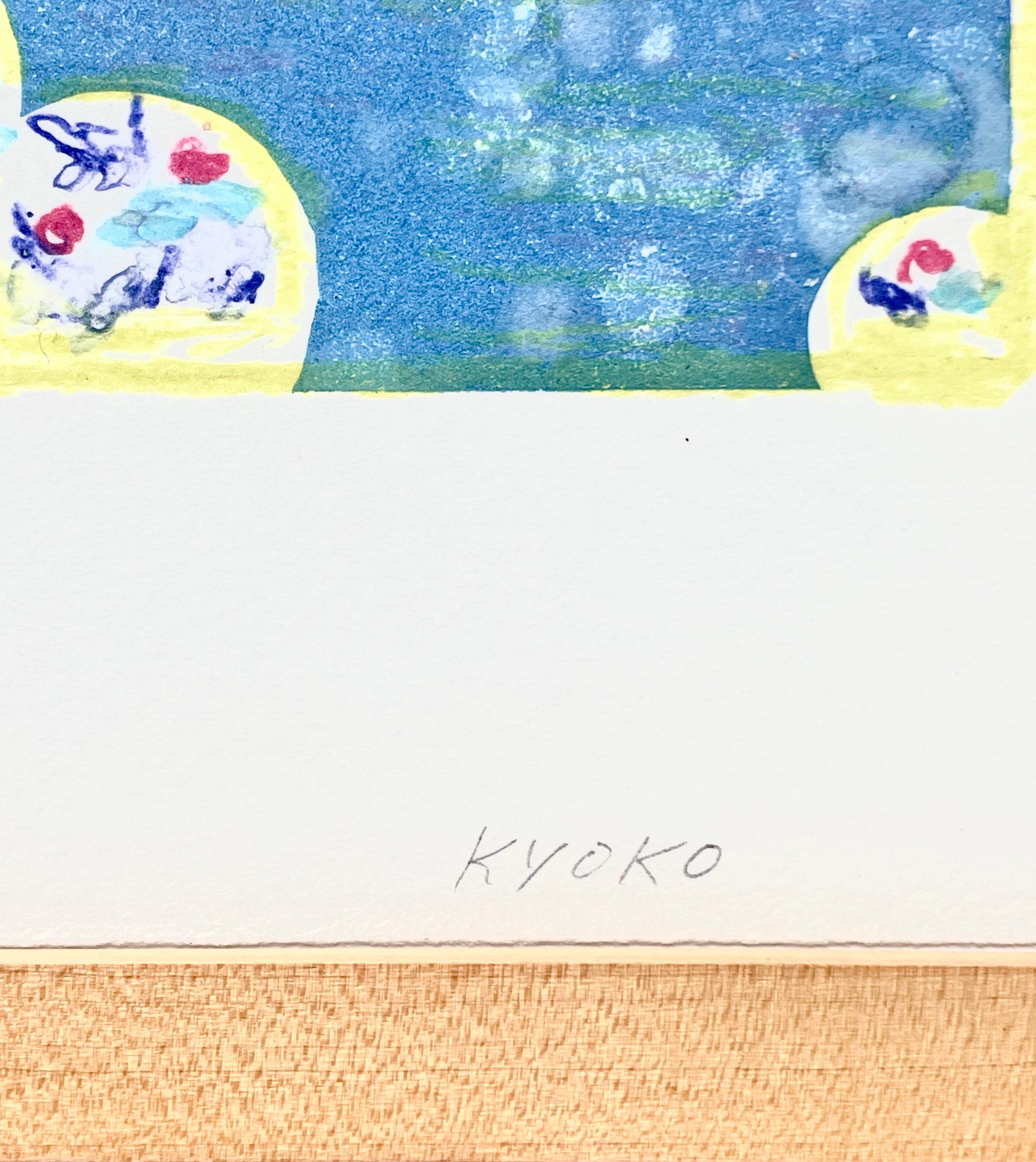 Japanese woman artist, one-of-a-kind framed original abstract monoprint in blue - Abstract Print by Kyoko Takagaki