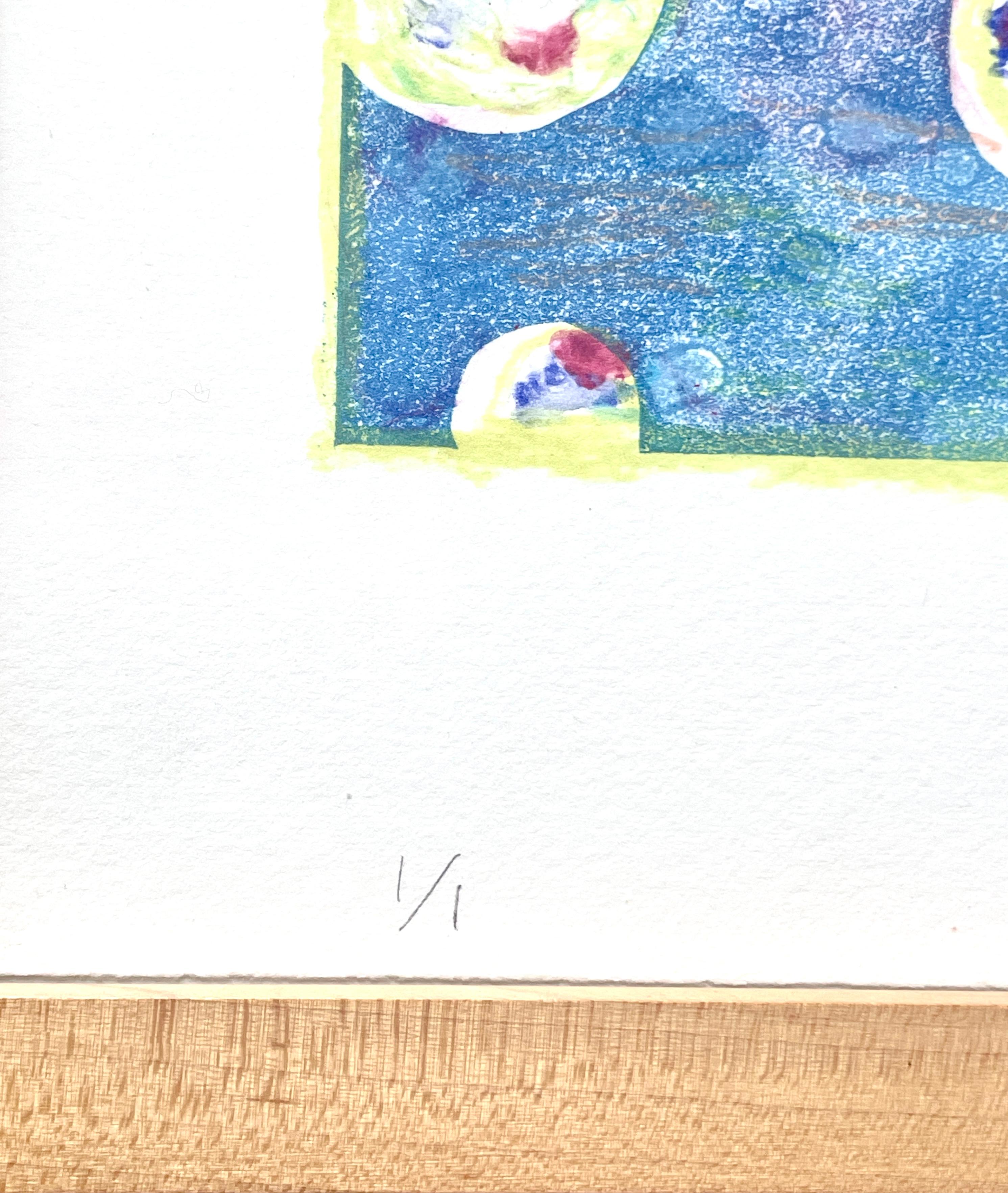 Japanese woman artist, one-of-a-kind framed original abstract monoprint in blue - Blue Abstract Print by Kyoko Takagaki