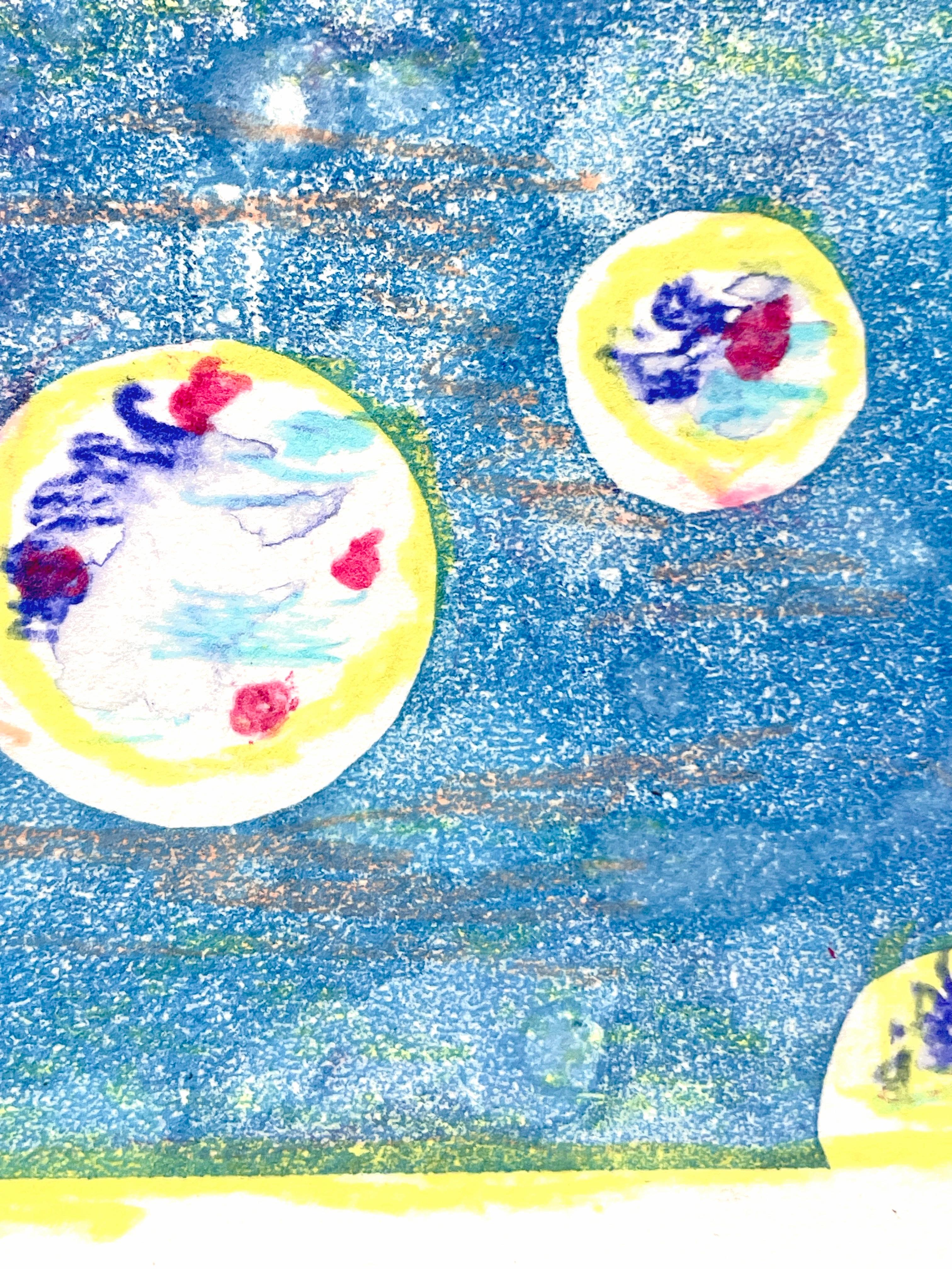This is a one-of-a-kind original monoprint, made on a press by contemporary Japanese woman artist Kyoko Takagaki. Takagaki studied art at Temple University in Philadelphia, PA, USA. This piece is signed 