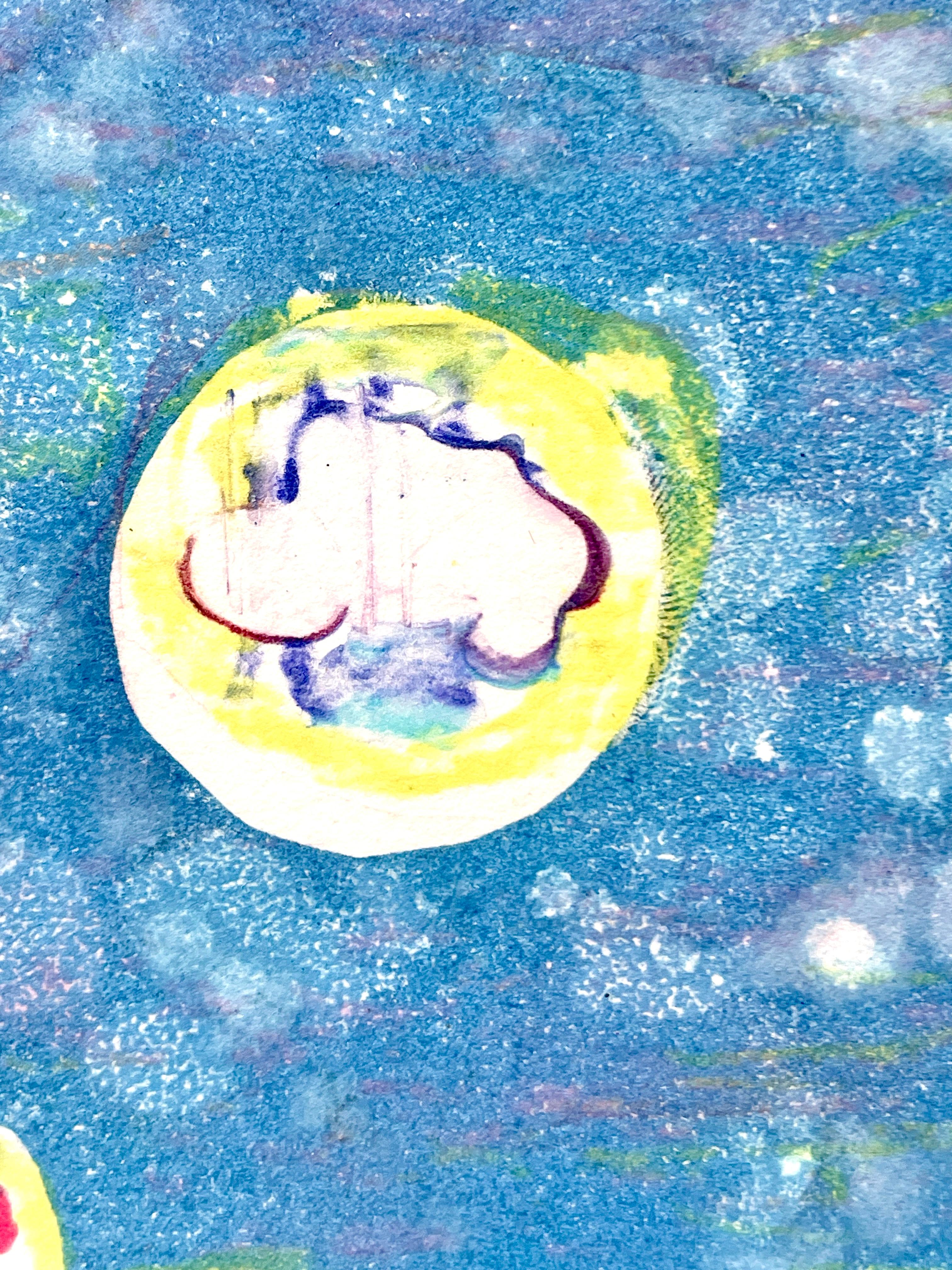 Japanese woman artist, one-of-a-kind framed original abstract monoprint in blue For Sale 1