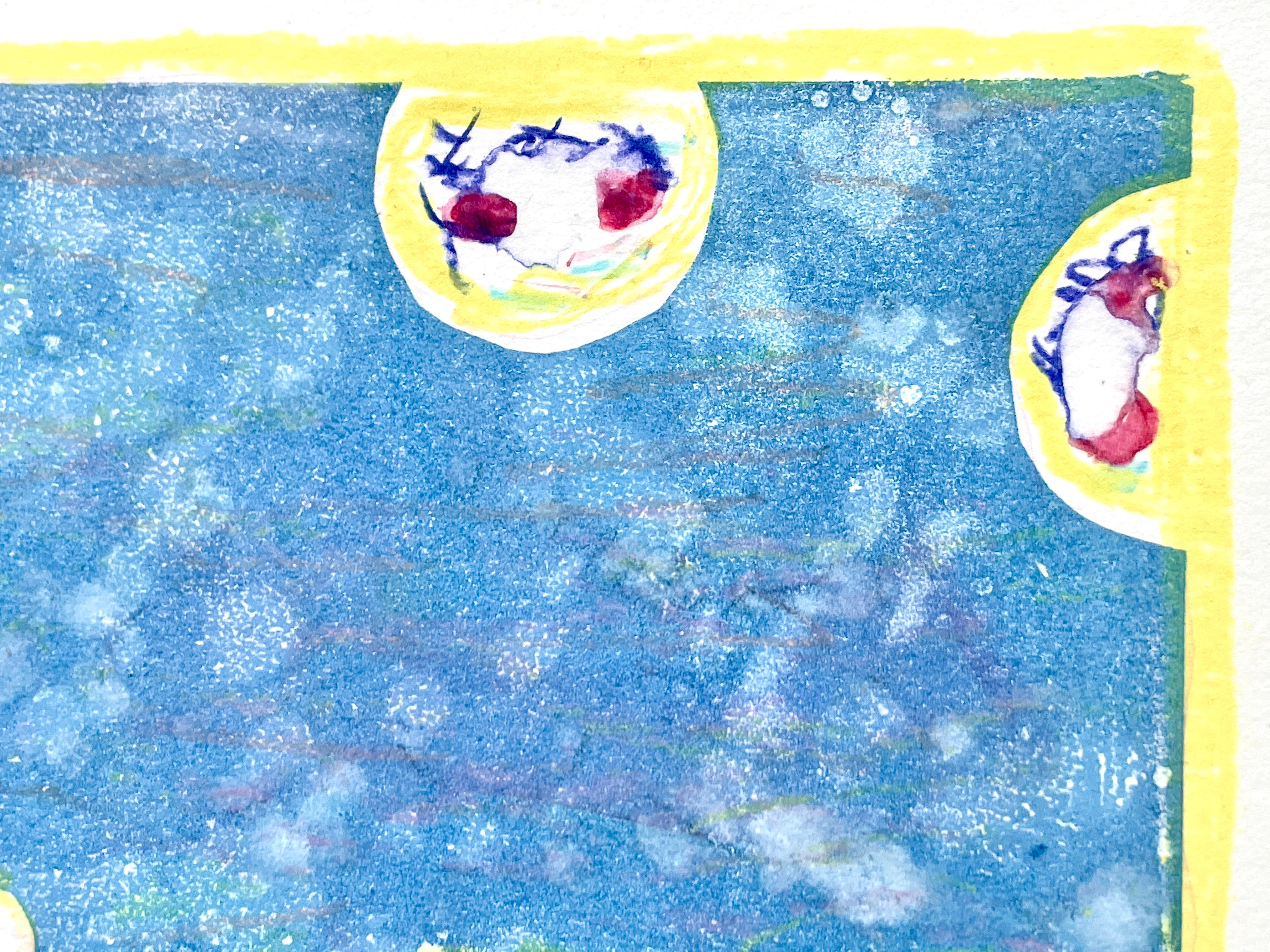Japanese woman artist, one-of-a-kind framed original abstract monoprint in blue For Sale 2