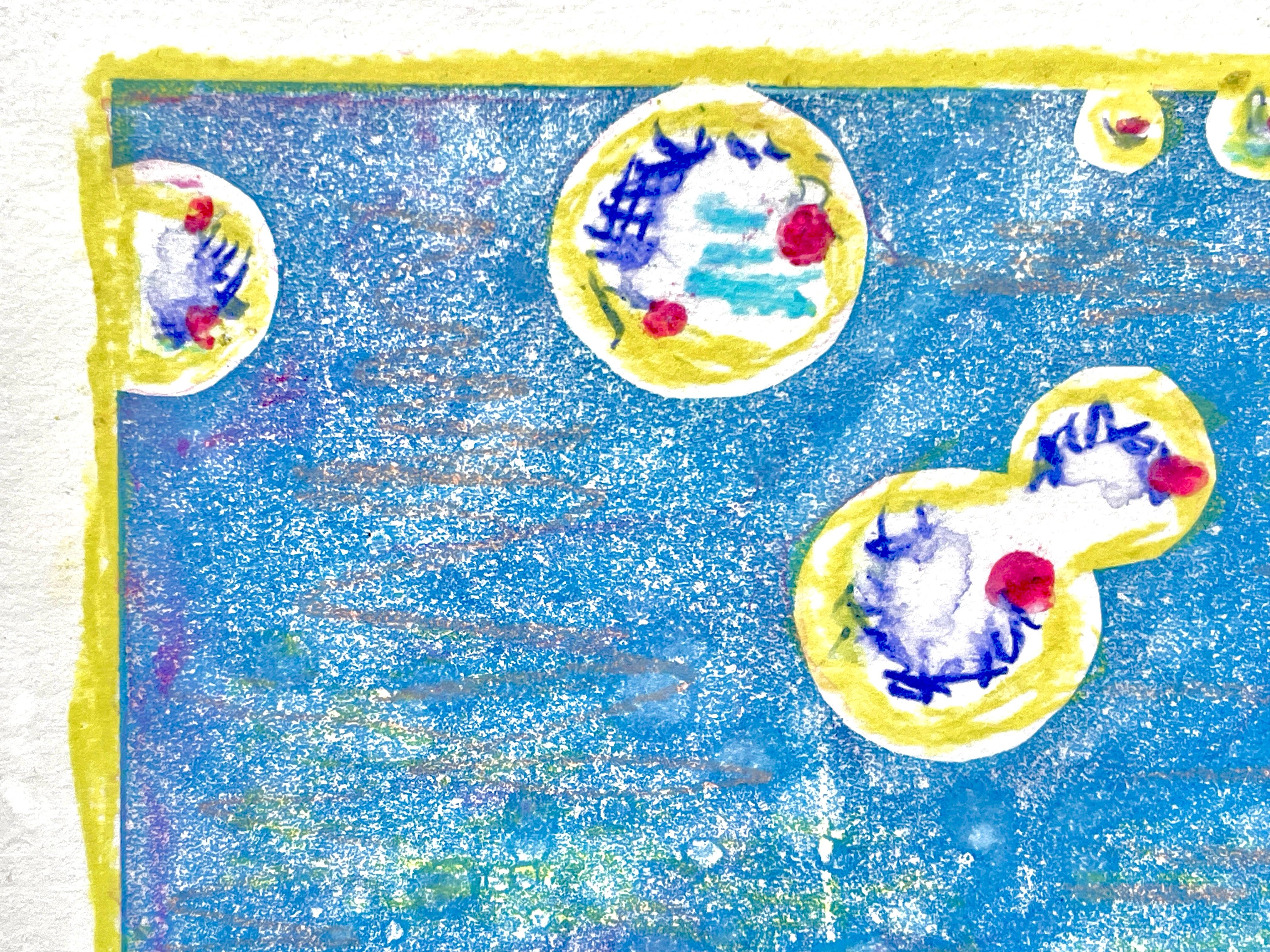 Japanese woman artist, one-of-a-kind framed original abstract monoprint in blue For Sale 3