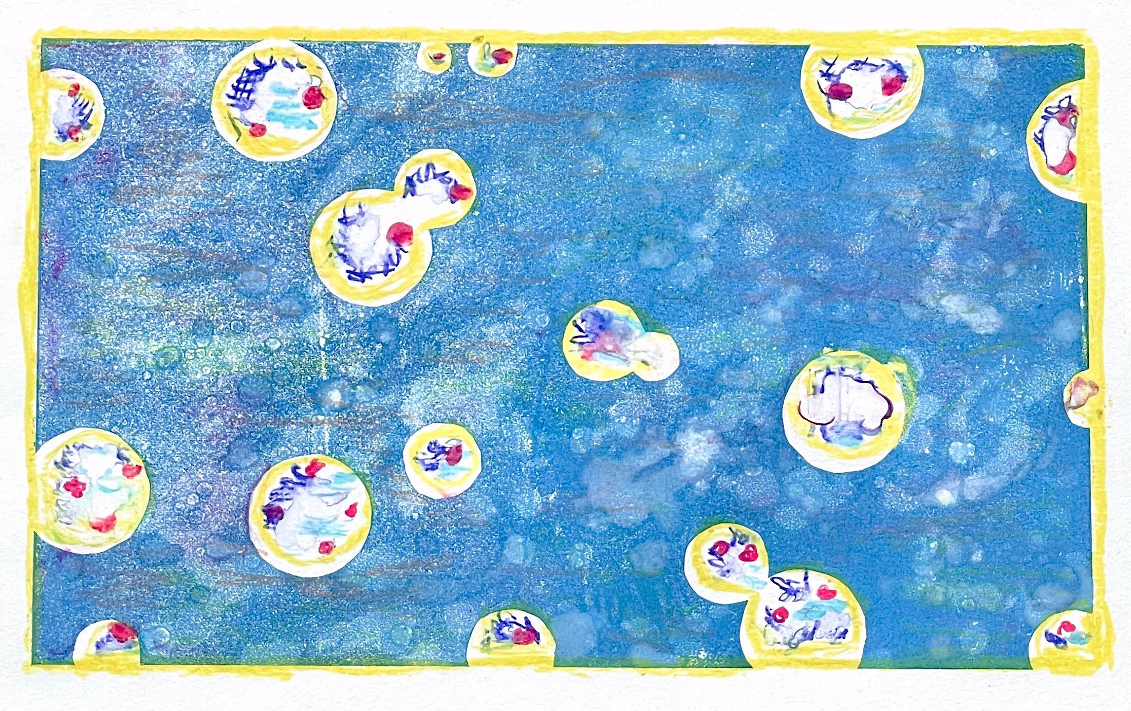 Japanese woman artist, one-of-a-kind framed original abstract monoprint in blue