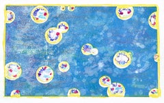 Japanese woman artist, one-of-a-kind framed original abstract monoprint in blue