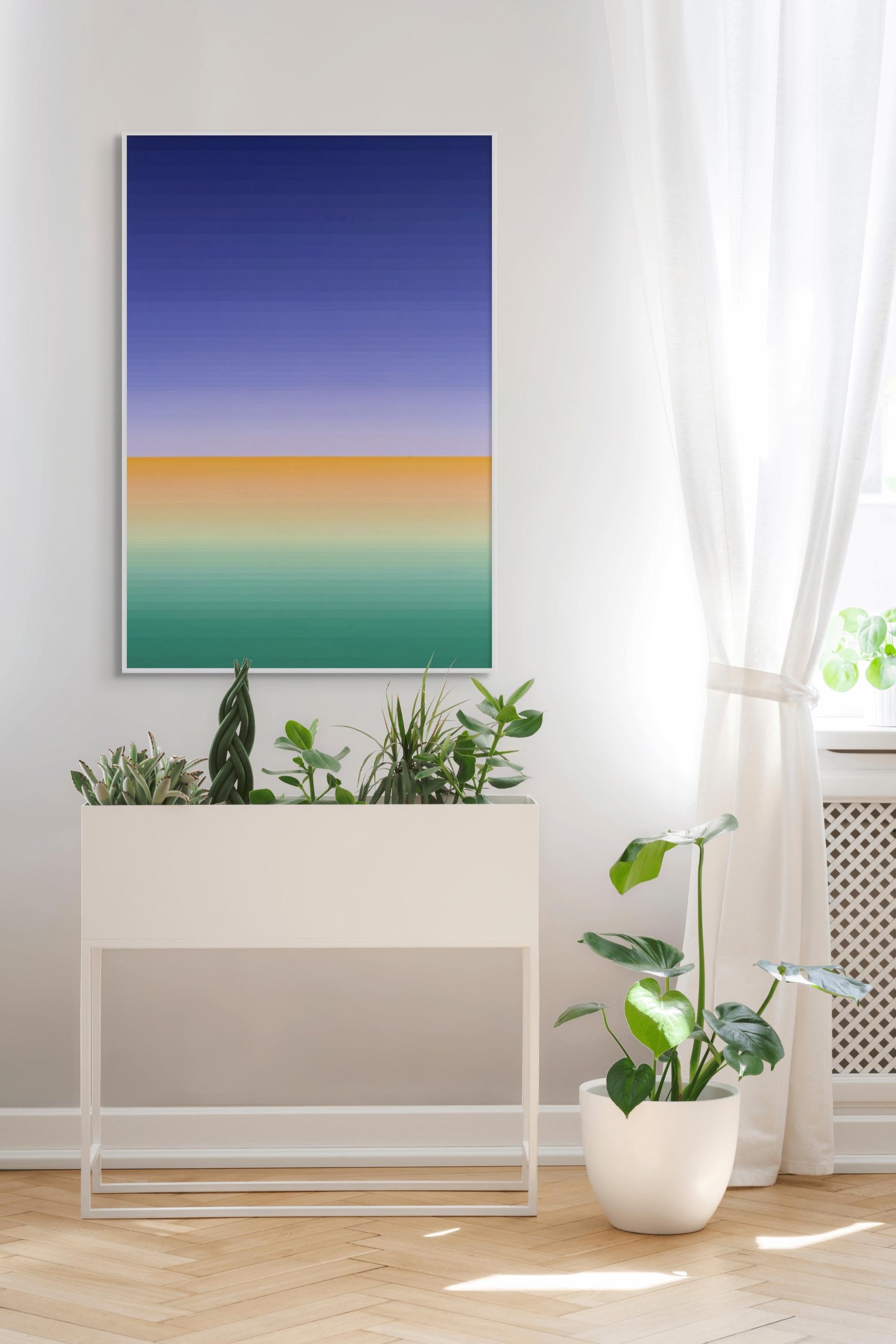 Dieses Werk wird gerollt versandt.

Die Serie Emotional Color Change kombiniert Farbe und Sprache, um die äußere Umgebung visuell darzustellen. Bei diesem Verfahren werden zwei oder drei Farben auf der Leinwand gemischt, beginnend an einem Ende und