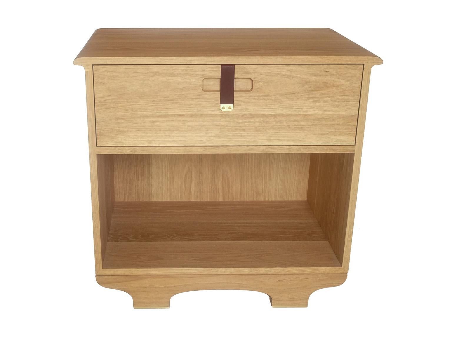 We've adapted our Kyoto Dresser design to serve as a bedside table with storage, in this case with a single drawer and open shelf beneath. This is a hybrid design which uses a prior version of our drawer pull that a client preferred, and so we