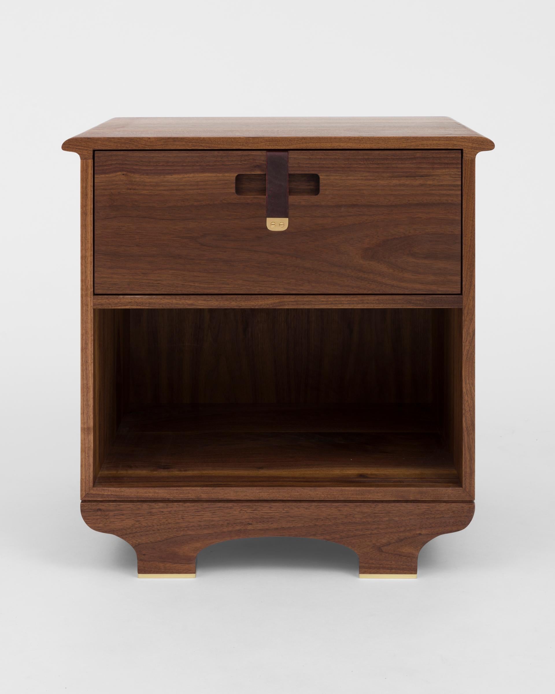 We've adapted our Kyoto Dresser design to serve as a bedside table with storage, in this case with a single drawer and open shelf beneath. This is a hybrid design which uses a prior version of our drawer pull that a client preferred, and so we