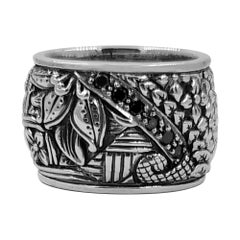 Kyoto Black Diamond and Sterling Silver Engraved Ring