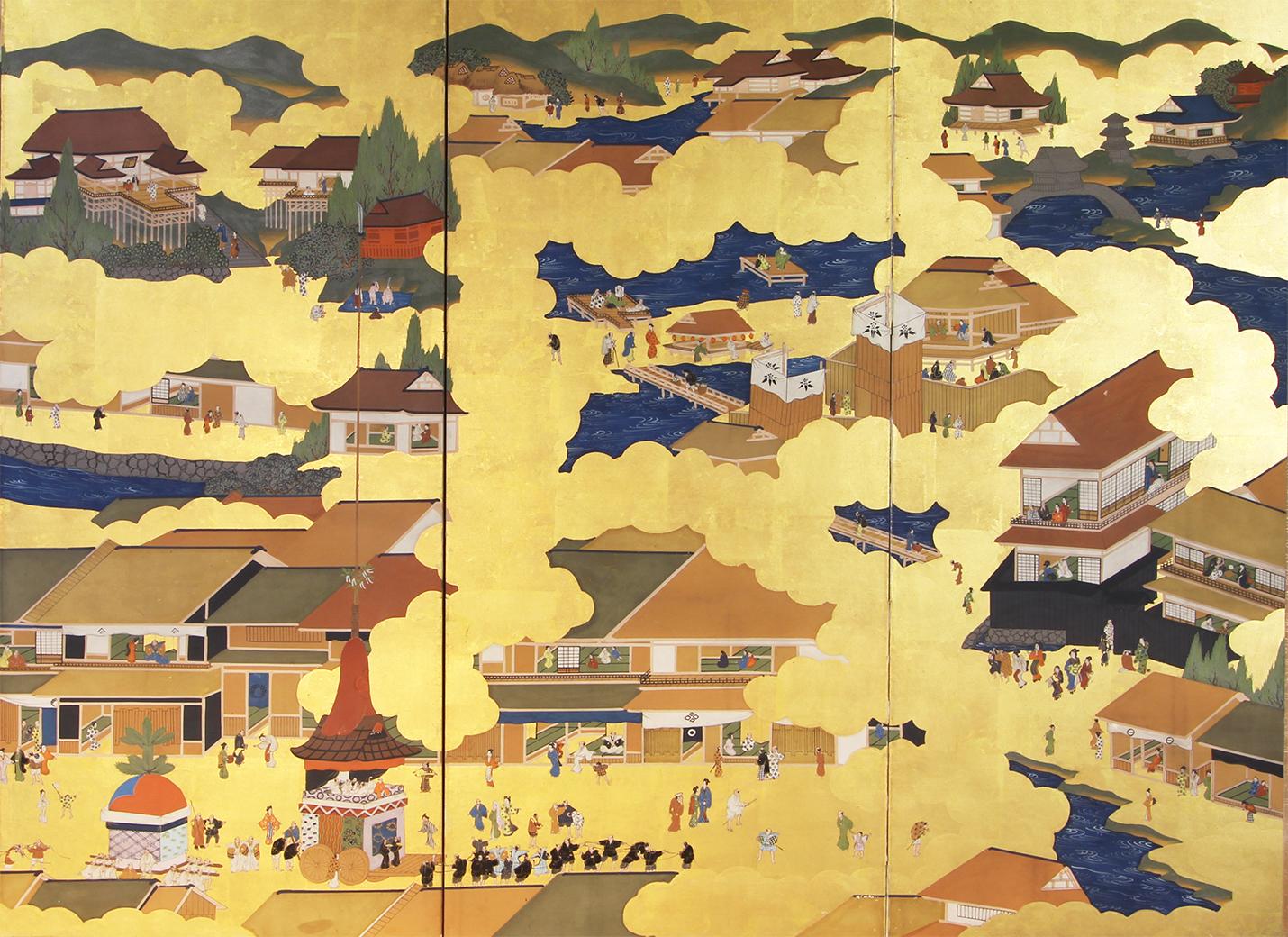 Kyoto ancient city landscape with Kamo river and Gion district.
Beautiful six panel screen painted with mineral pigments on rice paper and gold leaf made in the Mejij period.
Screens depicting the ancient capital are among the most popular genres