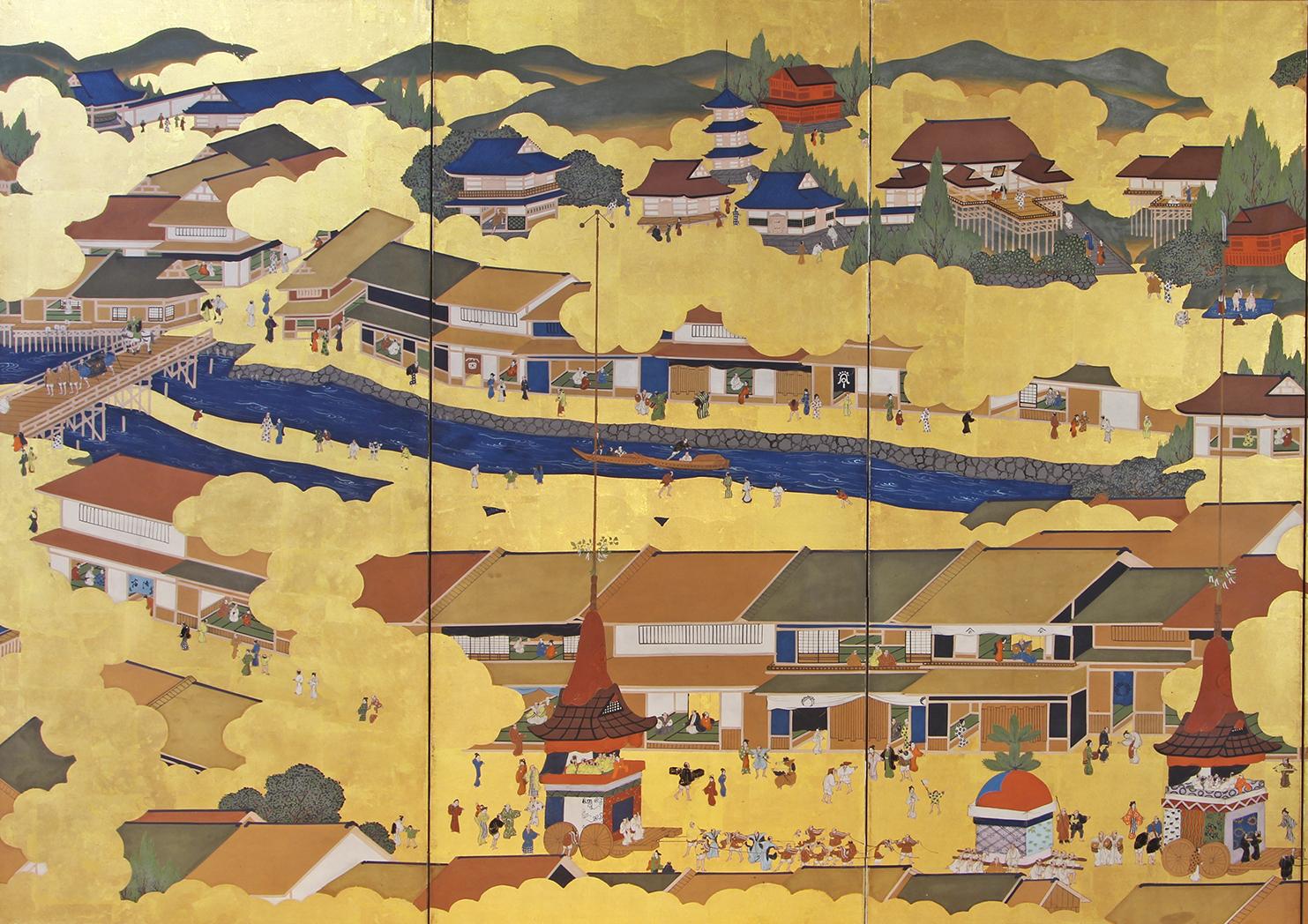 Meiji Kyoto Landscape, Japanese Screen Painted on Gold Leaf