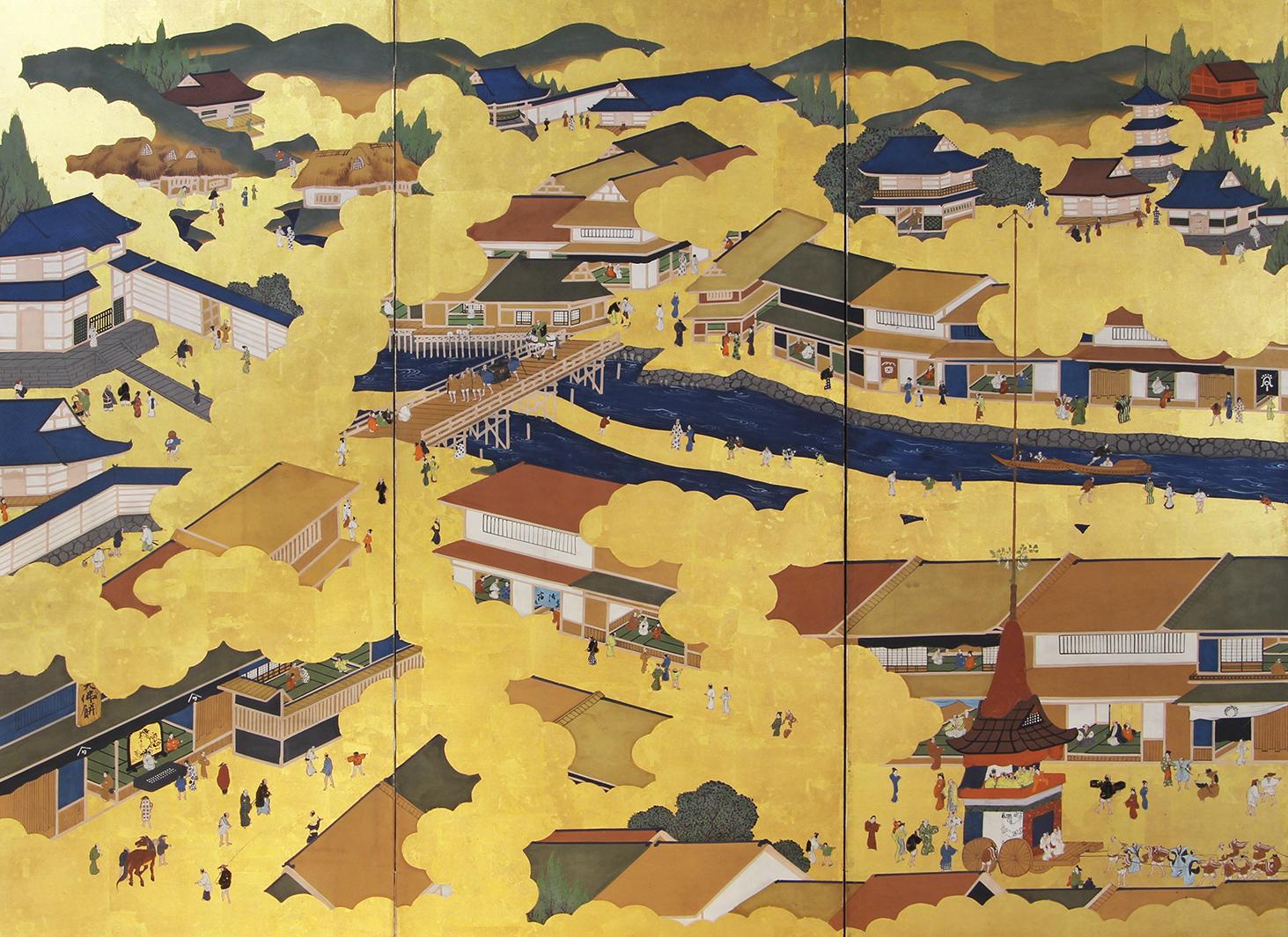 Hand-Painted Kyoto Landscape, Japanese Screen Painted on Gold Leaf