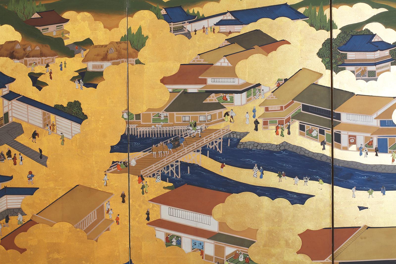 Kyoto Landscape, Japanese Screen Painted on Gold Leaf In Good Condition In Brescia, IT