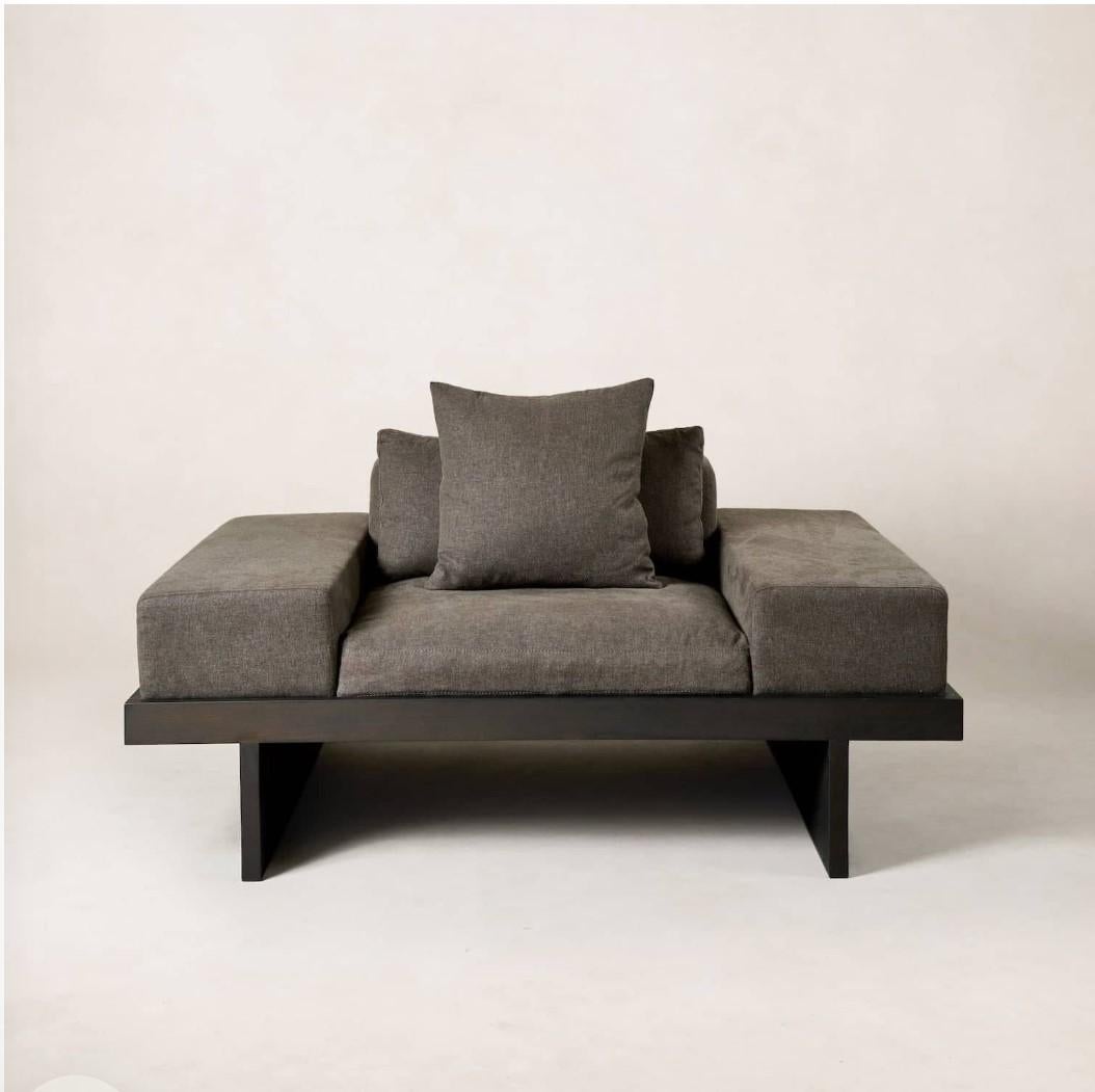 Wabi-sabi minimalism on the bottom meets Scandinavian comfort on top. Sleek & cozy, the Kyoto Lounge Chair in charcoal is made from a solid wood frame and goose-down feathers upholstered in Belgian Linen, set atop a solid Birch wood frame. Sprawling