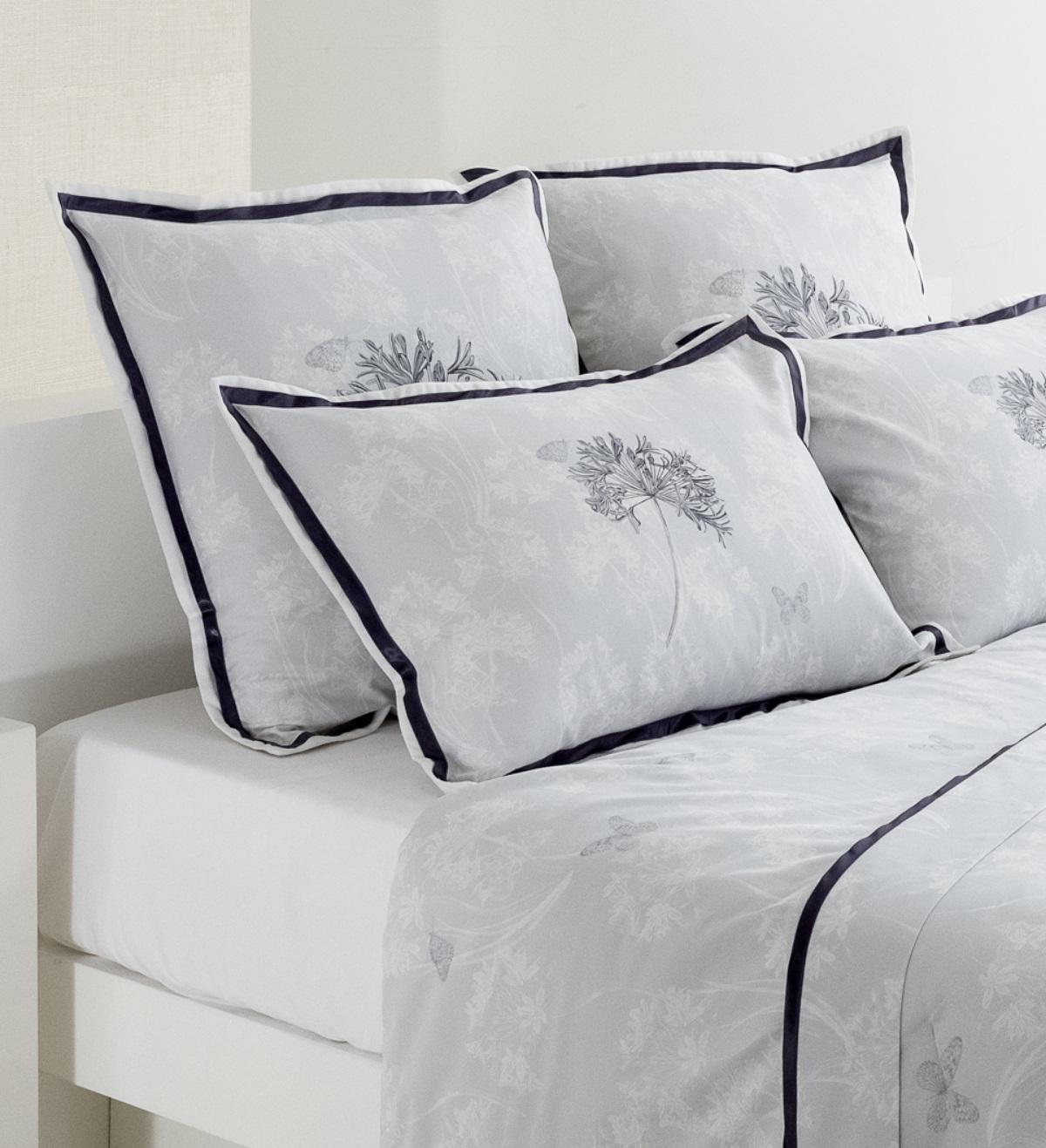 Textile Kyoto, Luxury Duvet Cover King Size Bedding Set in Blue & Grey Cotton Satin
