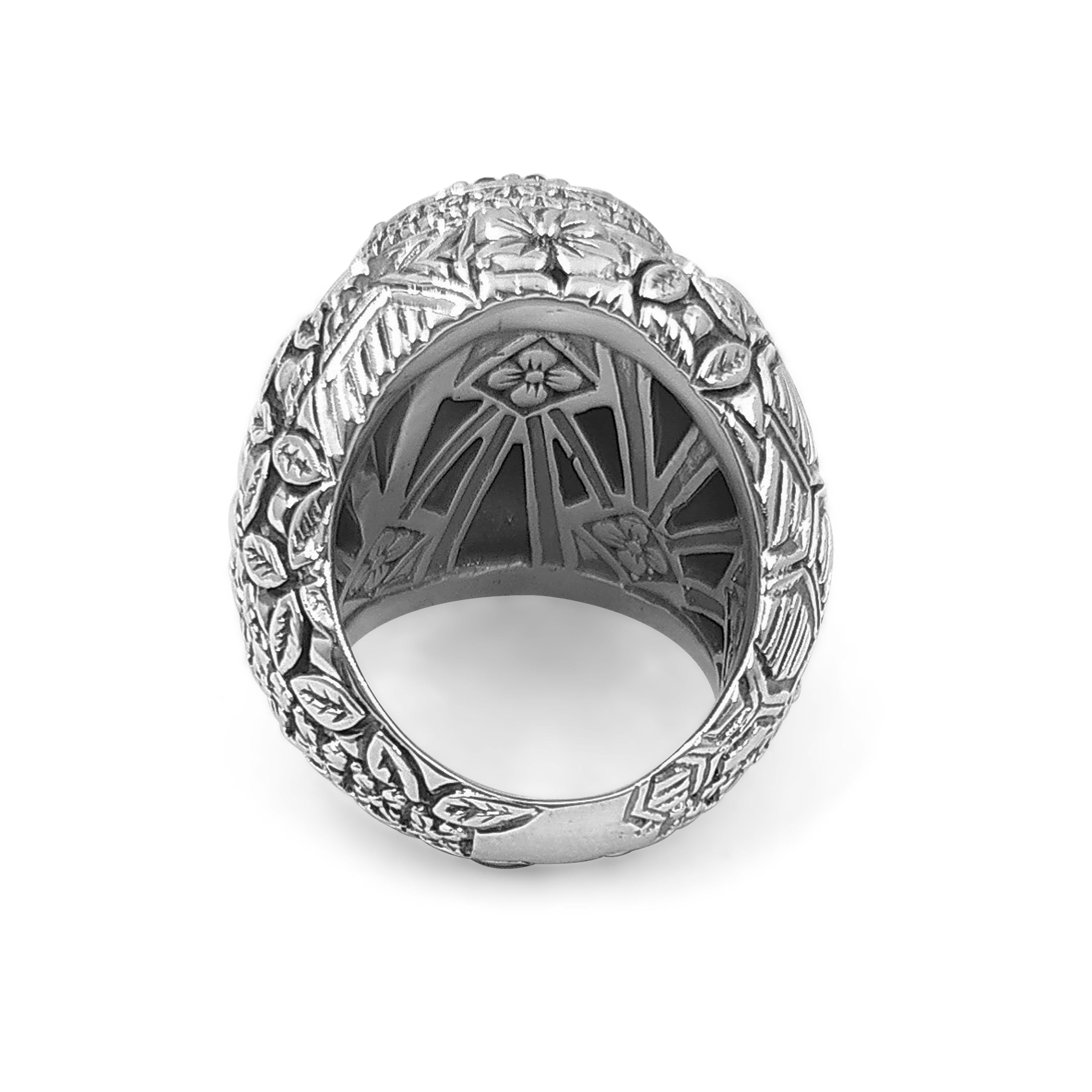 Artisan Kyoto Black Diamond Center & Engraved Sterling Silver Ring 