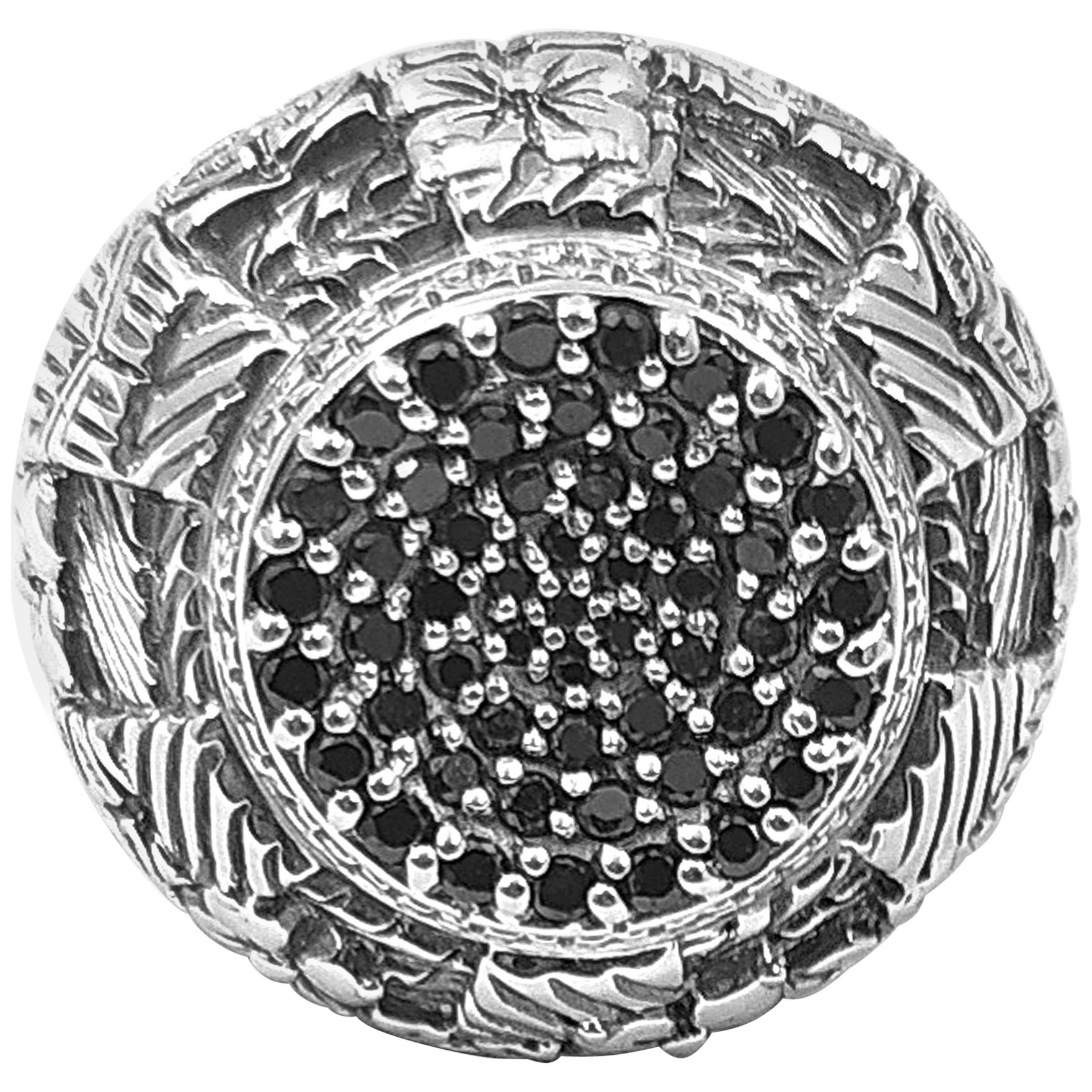 Kyoto Black Diamond Center & Engraved Sterling Silver Ring 