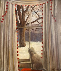 Vintage "Looking Out the Window, " Kyra Markham, WPA Female Artist, Cat, Snow, Winter 