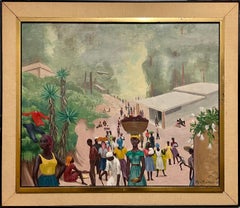 Peinture à l'huile de l'artiste WPA Kyra Markham représentant une scène d'île haïtienne, Afro-Américaine