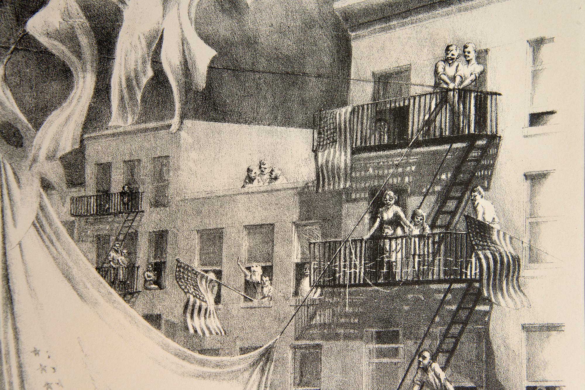 Drapeau surélevé dans Leroy Street  Vieux New York - Vintage New York - Réalisme américain Print par Kyra Markham