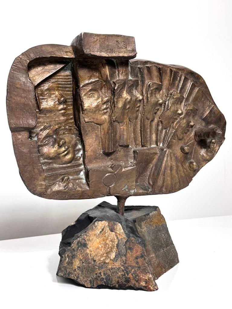 Greek Signed Kyriakos Rokos Brutalist Bronze Surrealist Abstract Relief Sculpture 1971 For Sale