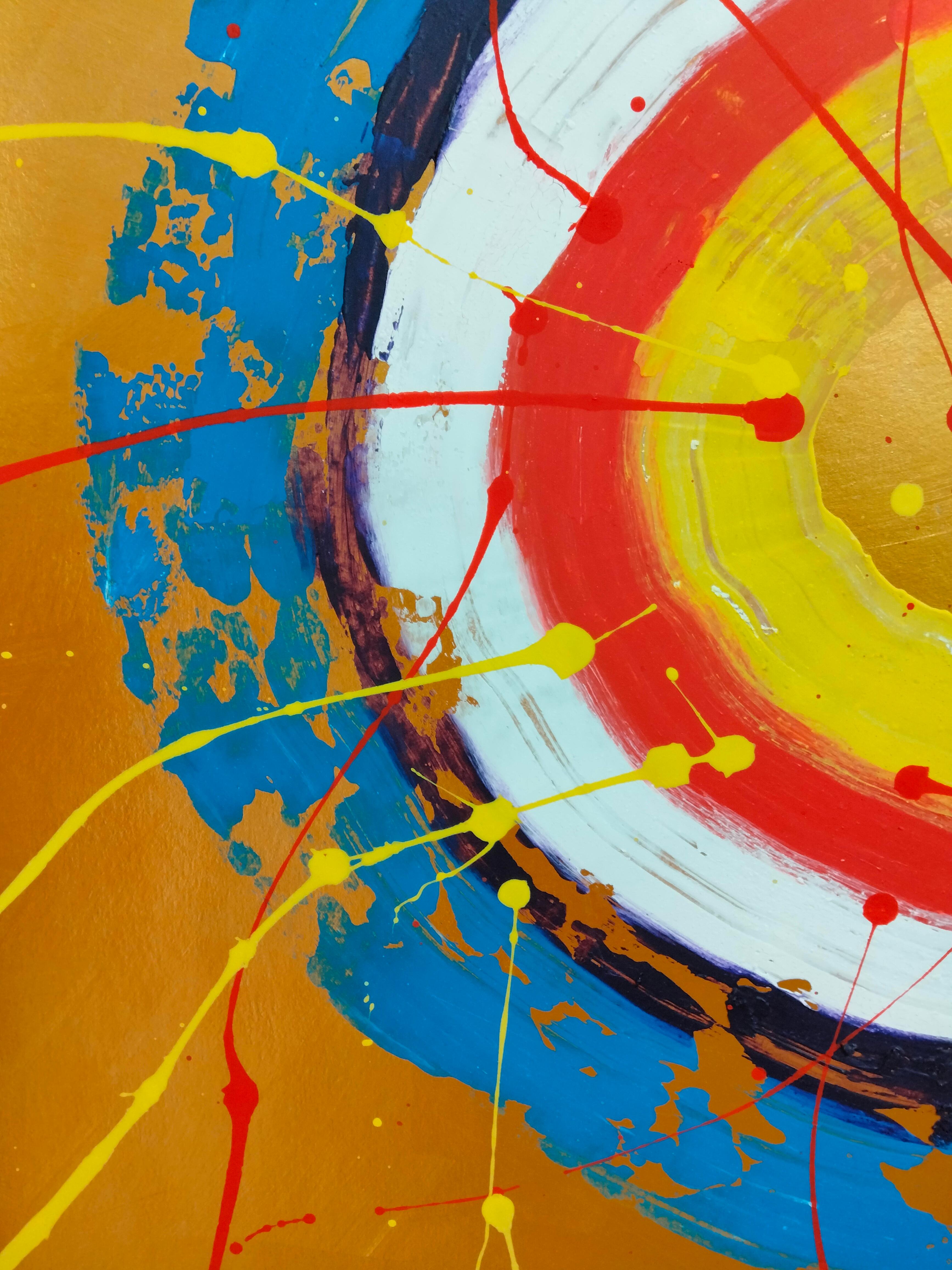  In this vibrant dance of color and motion, I've poured my soul into an evocation of dynamic energies. Fusing acrylic with techniques from pop art and oriental expression, each brushstroke is a testament to the passion that drives life. The golden