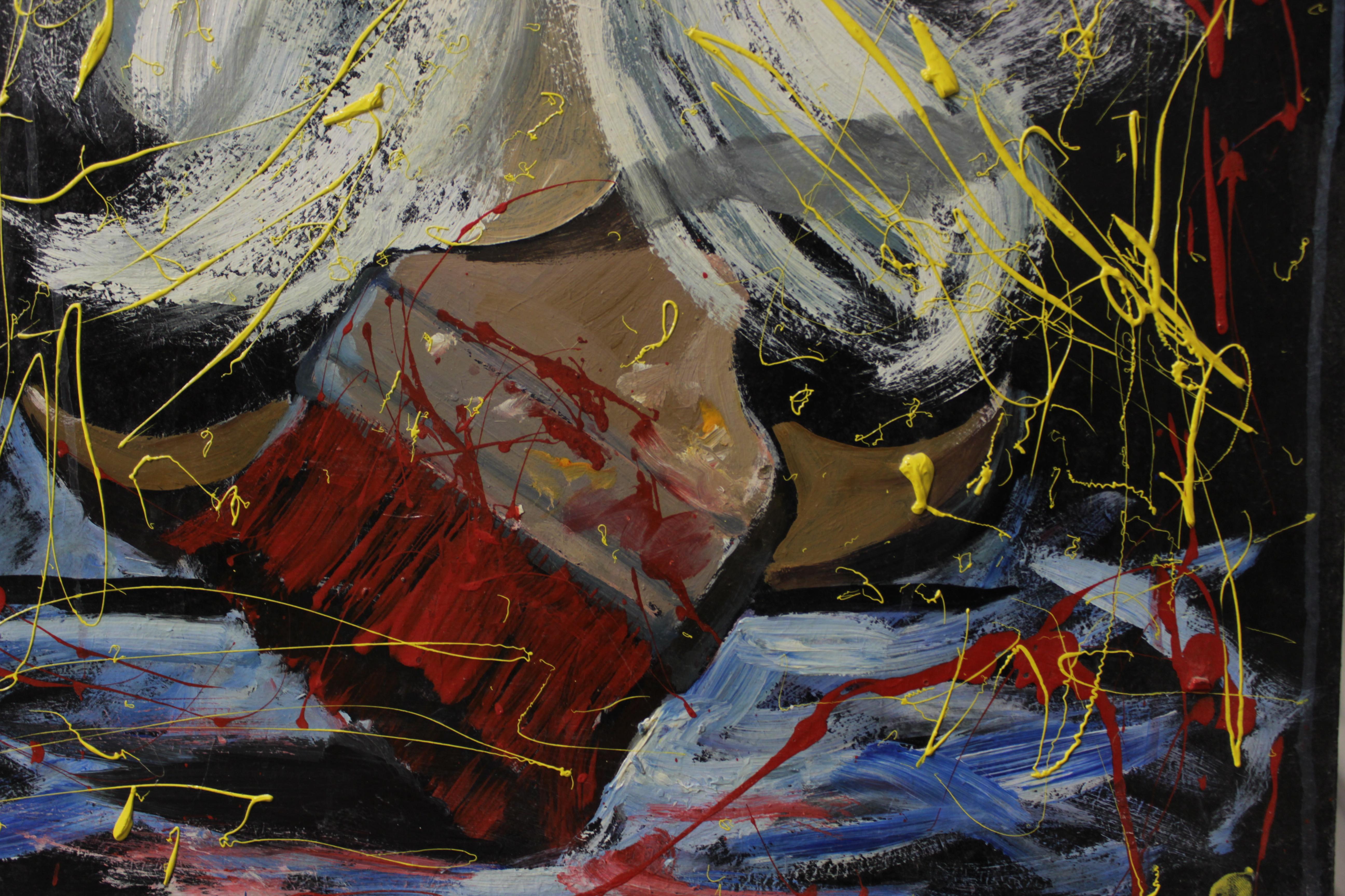 This artwork, painted with vibrant acrylics, embodies a fusion of comics, figurative art, pop art, and surrealism. It captures a sense of whimsical introspection through the depiction of a gnome-like figure surrounded by chaotic splashes of color.