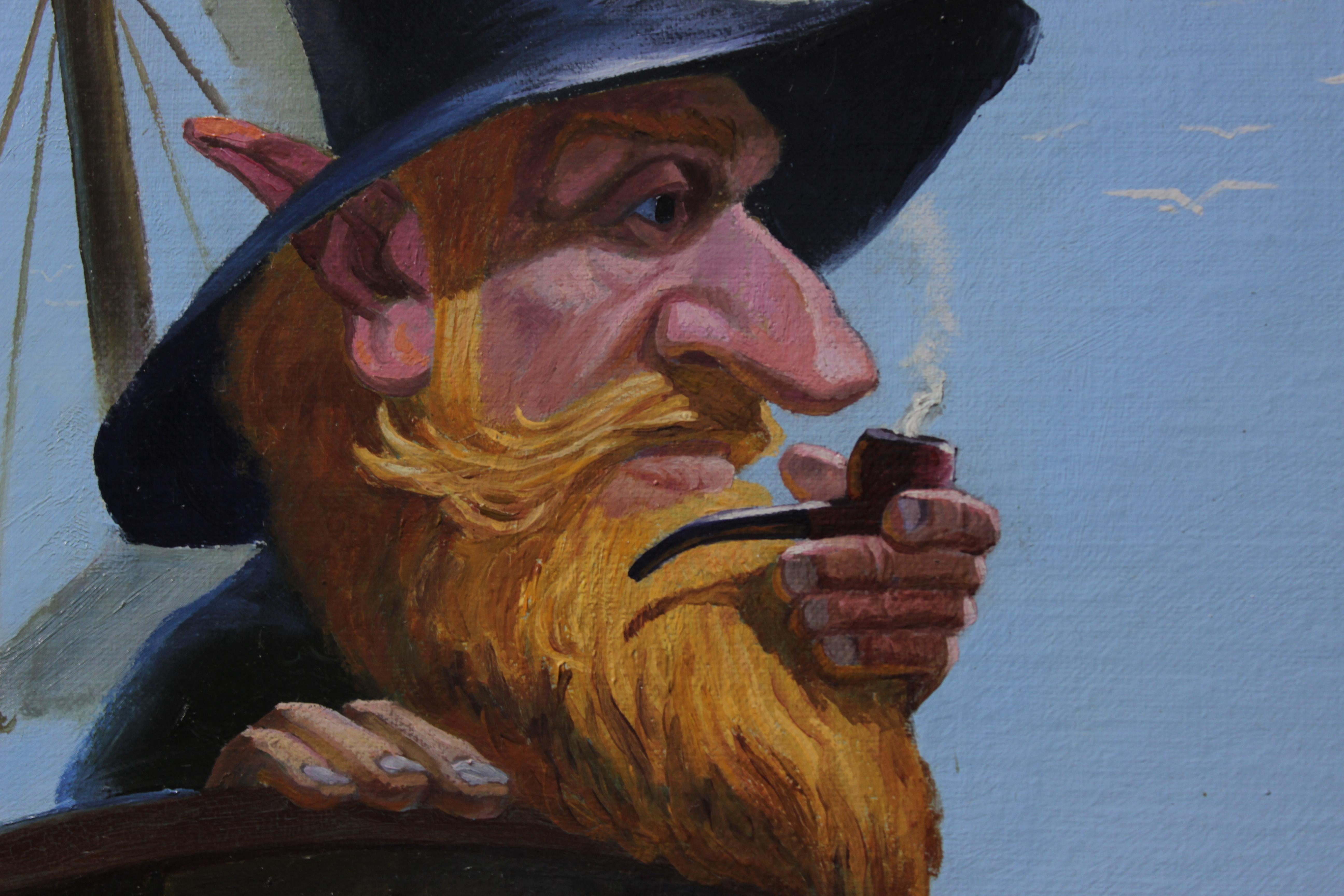 En este óleo, he entrelazado el realismo figurativo con un toque de surrealismo para dar vida a mi capitán gnomo, que surca el mar tumultuoso con tanto capricho como determinación. Su sombrero de gran tamaño y su gesto reflexivo reflejan la