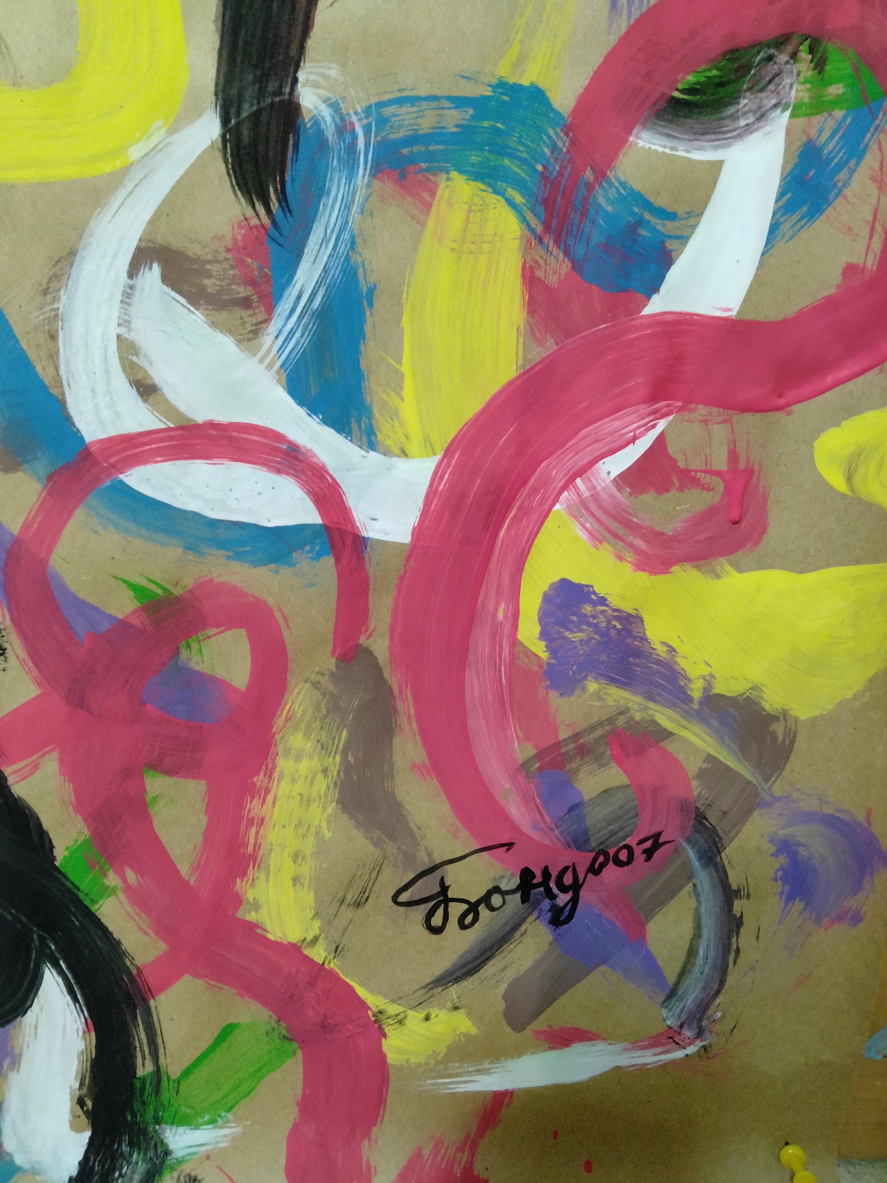  In creating this work, I splashed a whole carnival of bright acrylic shades onto the paper, allowing emotions to guide every curl and movement. A passionate dance of colors and shapes, where bold black gestures hold together joyful chaos, this is