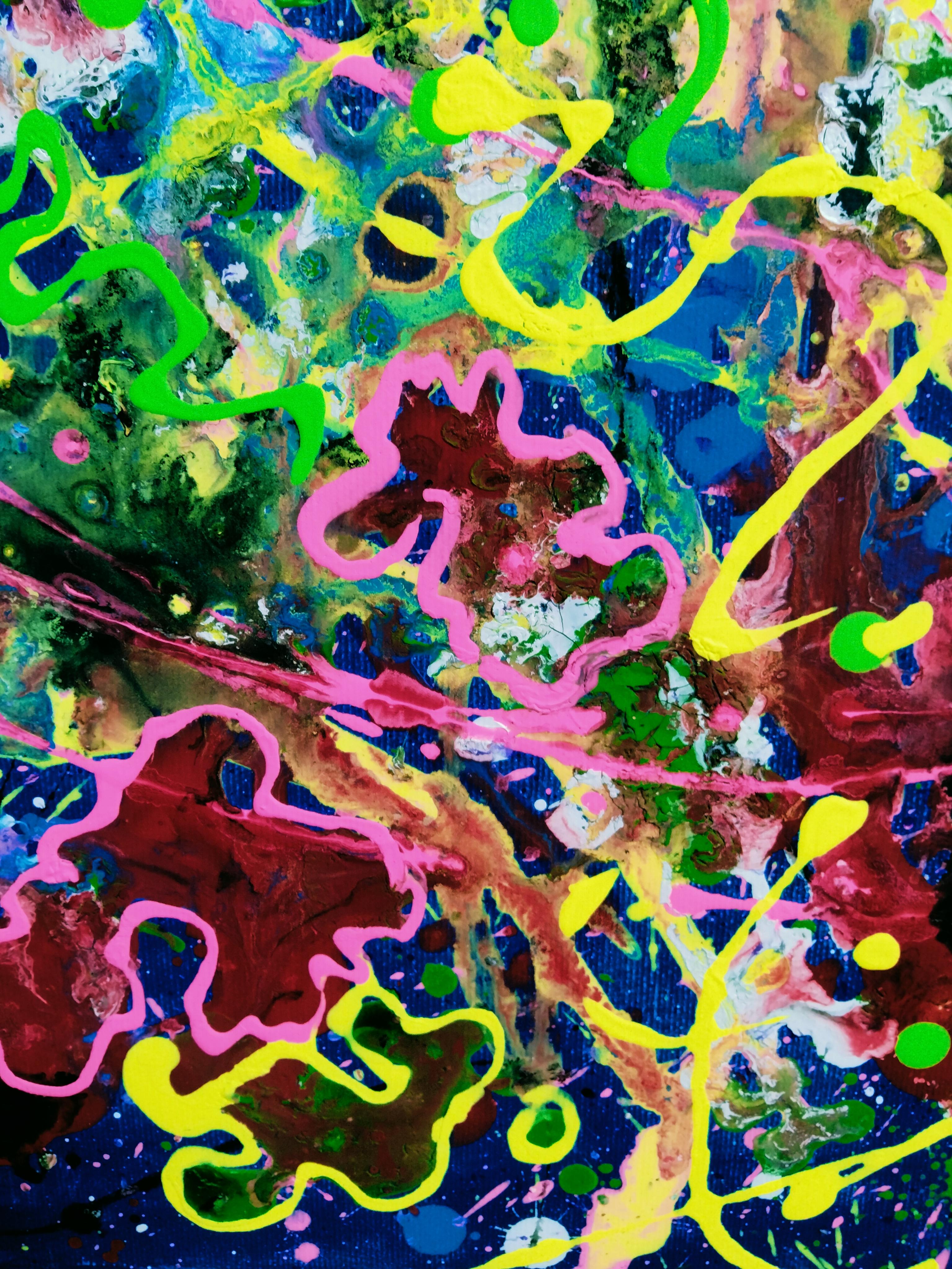  I saw this painting in the spring in the blooming steppe.
Working on it, I splashed a whole carnival of bright acrylic shades on the canvas, allowing emotions to guide every curl and movement. A passionate dance of colors and shapes, where bold