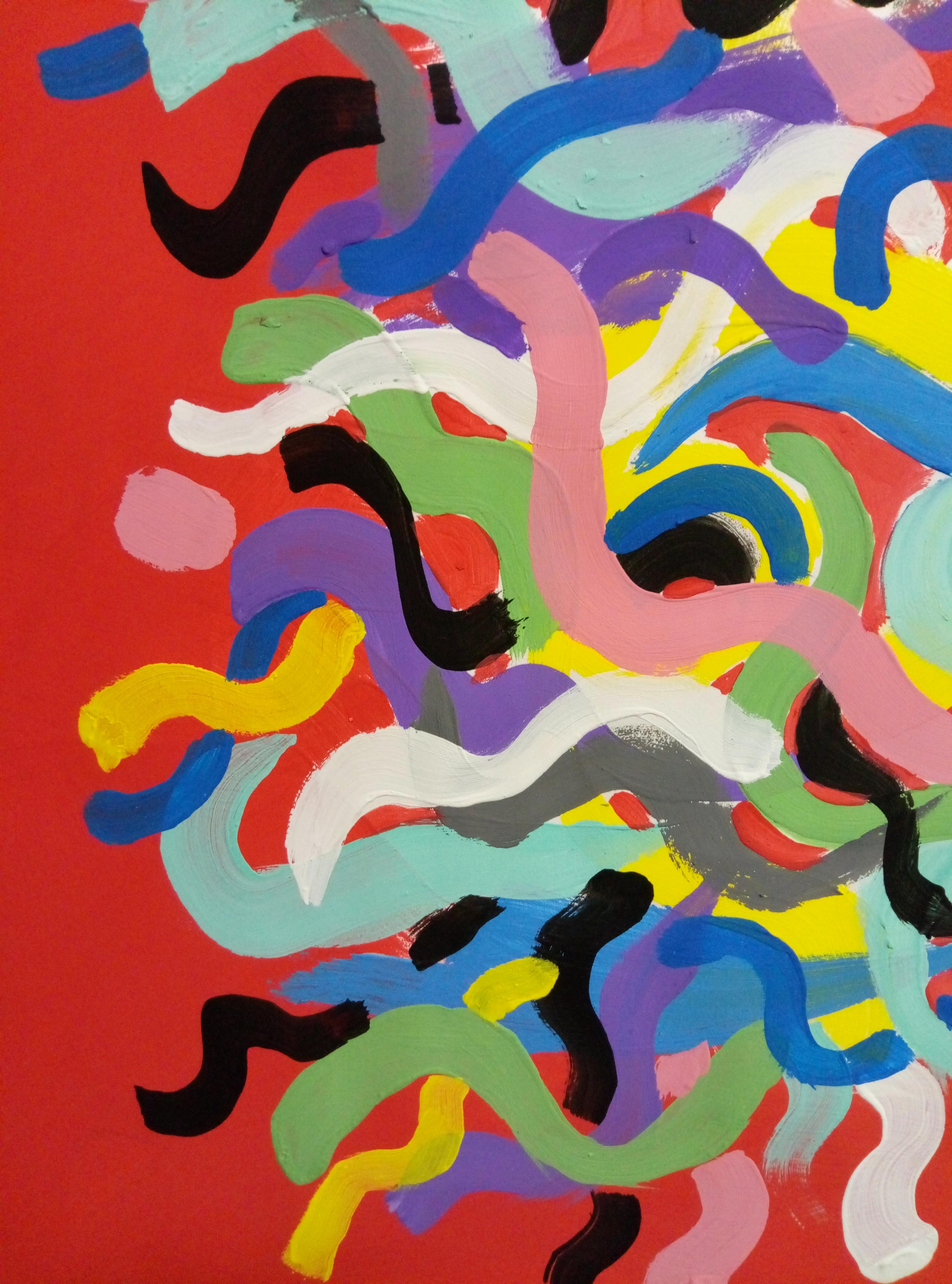   In this vibrant creation I have released a kaleidoscope of emotions through a vibrant spectrum of colors and dynamic shapes. Each curve and shade sings a song of freedom and joy. Created with the energy of pop art and the mystery of abstract