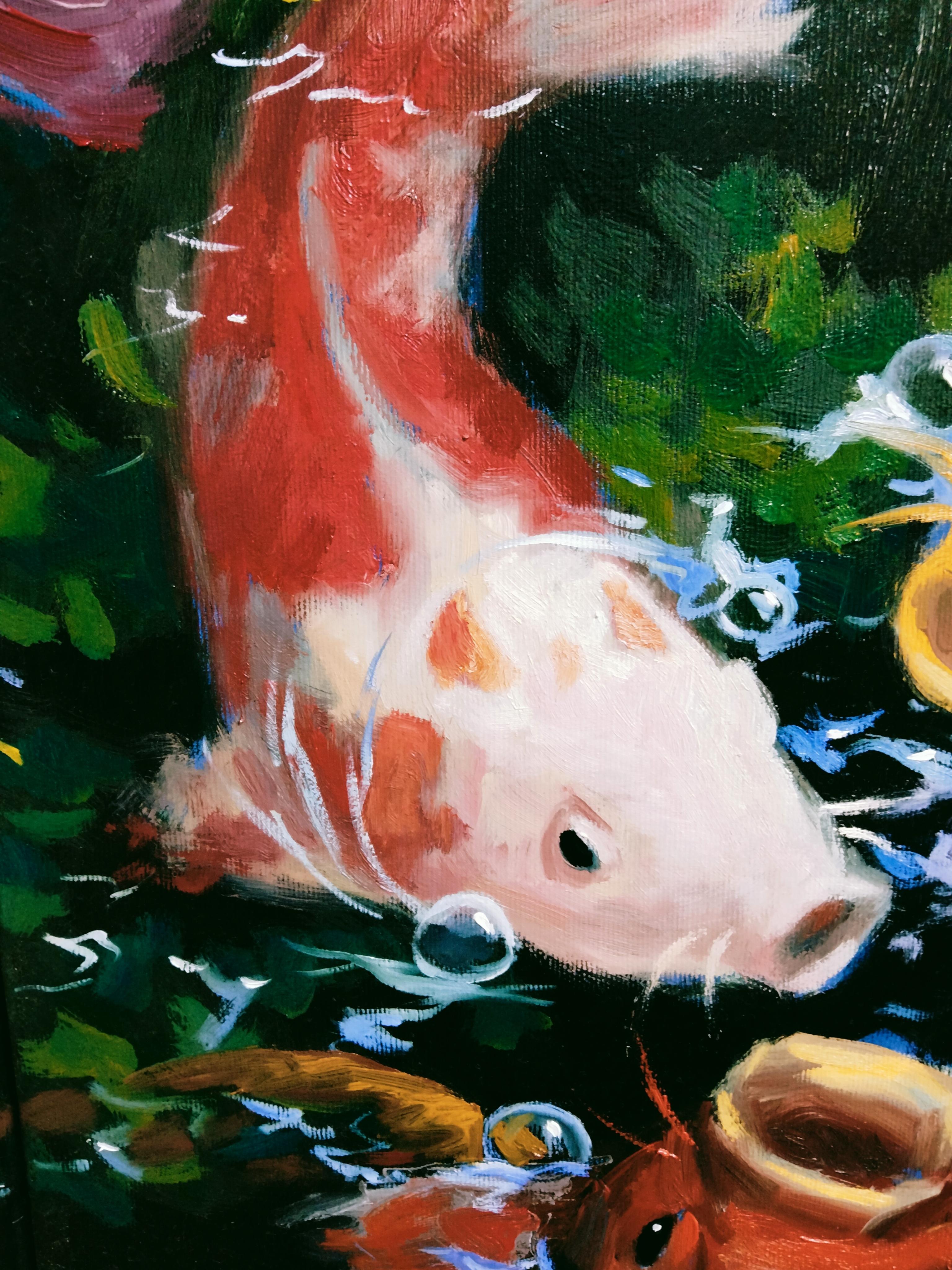 Trittico, un dipinto composto da tre tele.  Spedito in una scatola. Pronto per essere appeso alla parete.
La mia nuova serie di dipinti, carpe koi giapponesi. Mi ha colpito vedere queste bellissime creature nello stagno di un mio amico. I colori