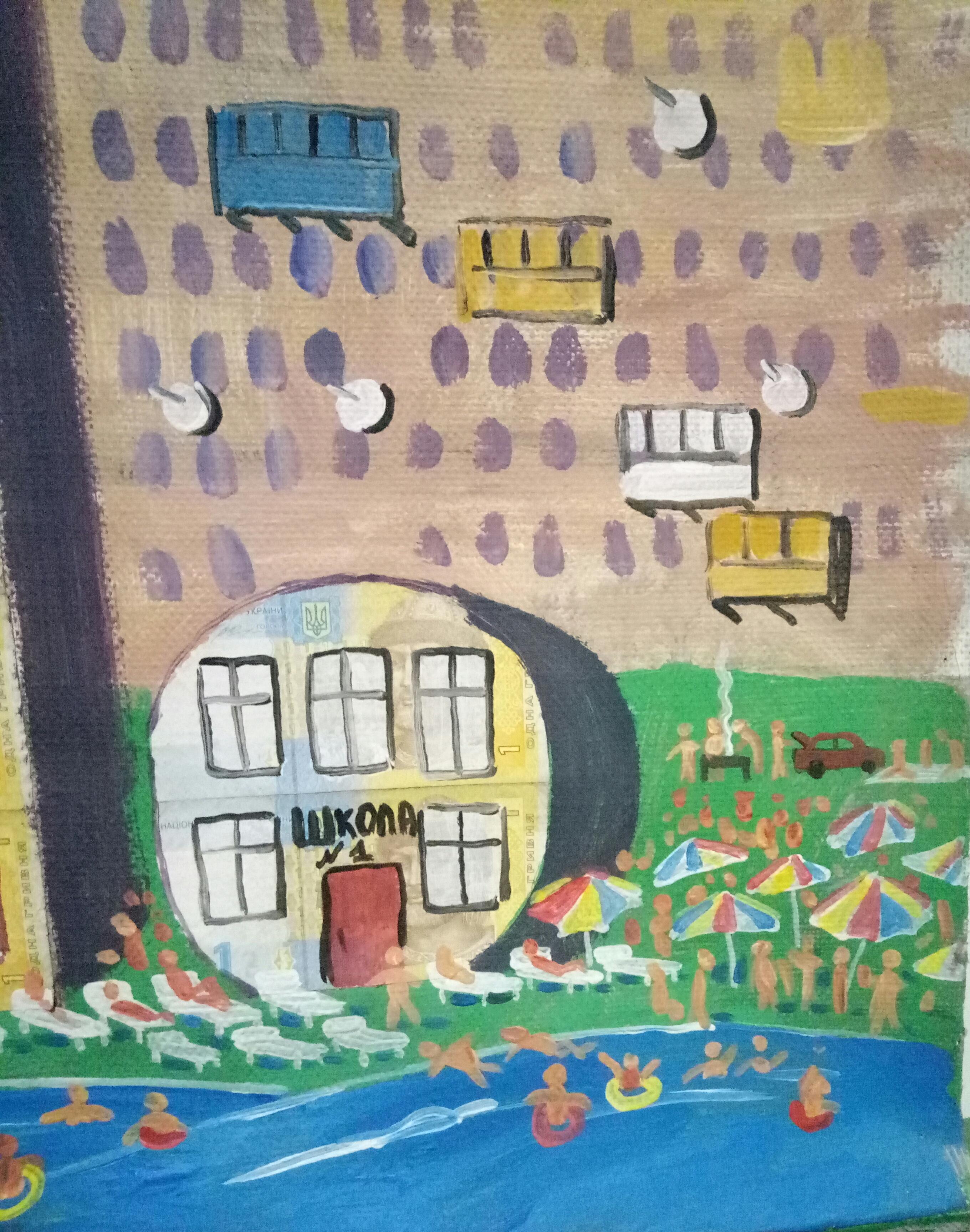  Nel creare questo pezzo, ho unito il fascino ingenuo con elementi di surrealismo e pop art per provocare una miscela di capriccio e contemplazione. I vivaci colori acrilici danzano con esuberanza comica, creando un paesaggio urbano che è allo
