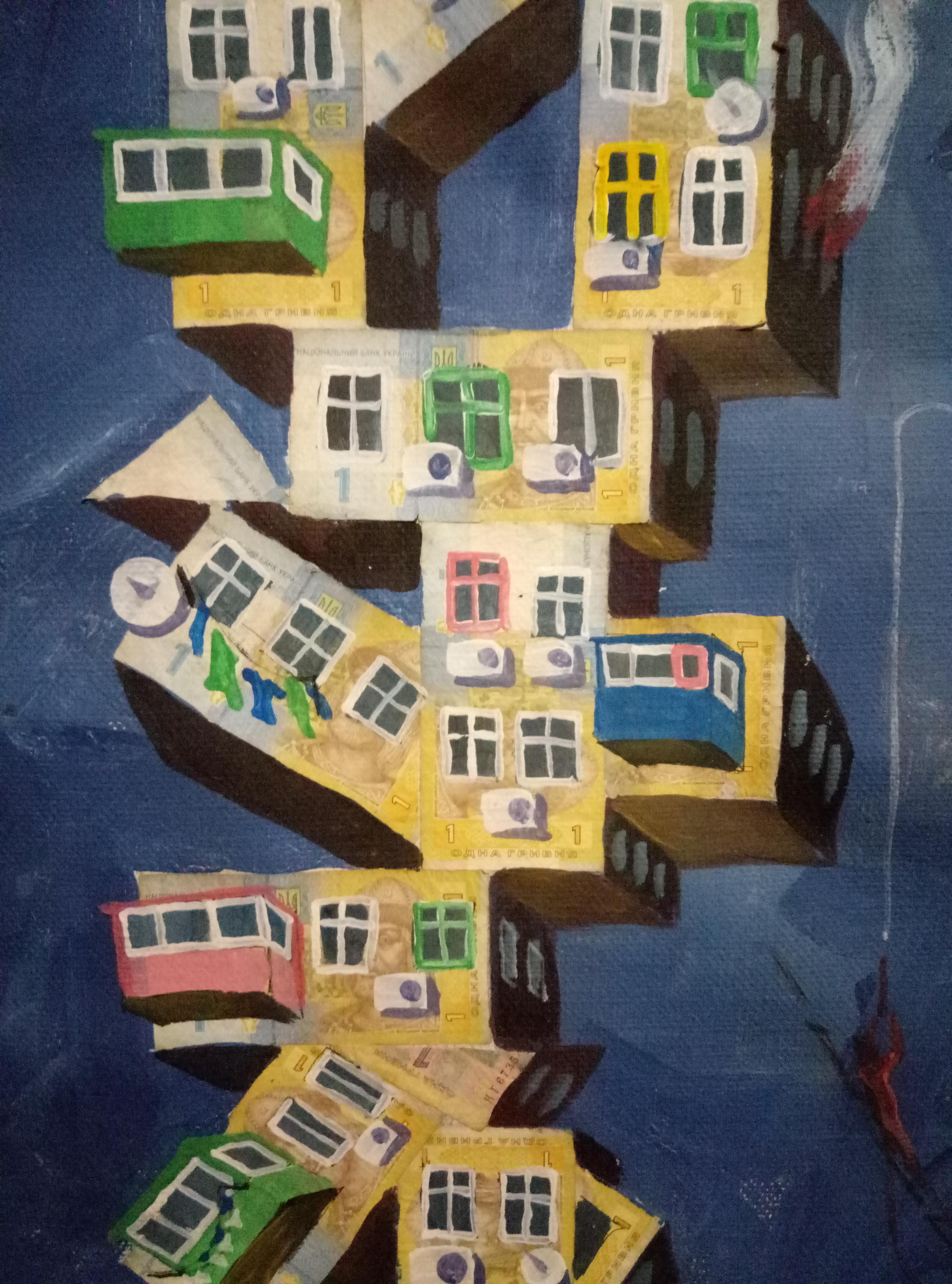 Nel creare quest'opera, ho combinato il fascino ingenuo con elementi di surrealismo e pop art per evocare un misto di capriccio e contemplazione. I colori acrilici vibranti danzano con esuberanza comica, creando un paesaggio urbano che è allo stesso