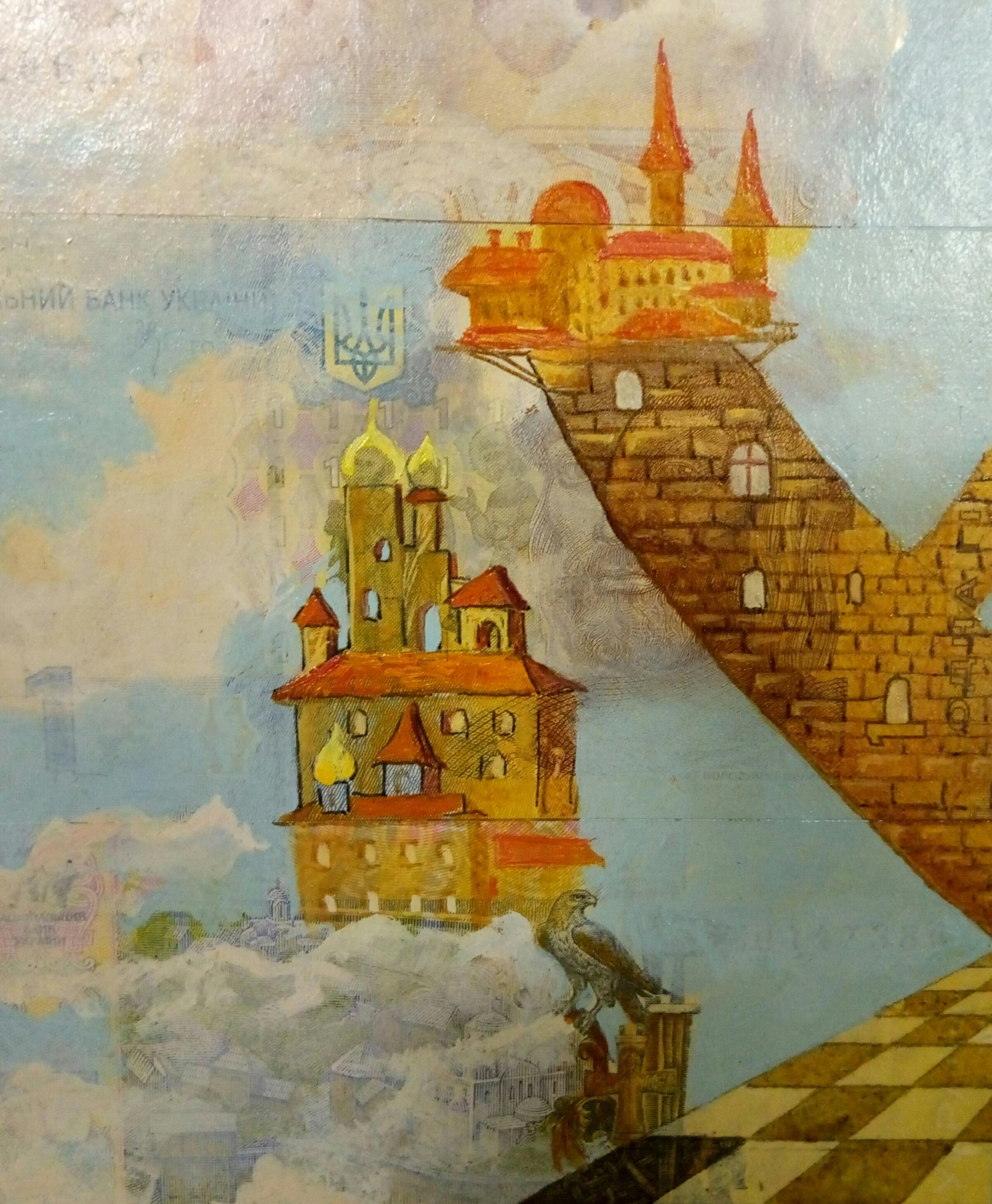     Das Bild wurde auf Geld gemalt, das auf Karton geklebt wurde. ... Technik der Ölmalerei mit dem Pinsel. Ich war zu Besuch bei Freunden in Deutschland und wurde inspiriert, ein Bild zu malen. Alte gotische Kirchen mit ihren Wendeltreppen, die bis
